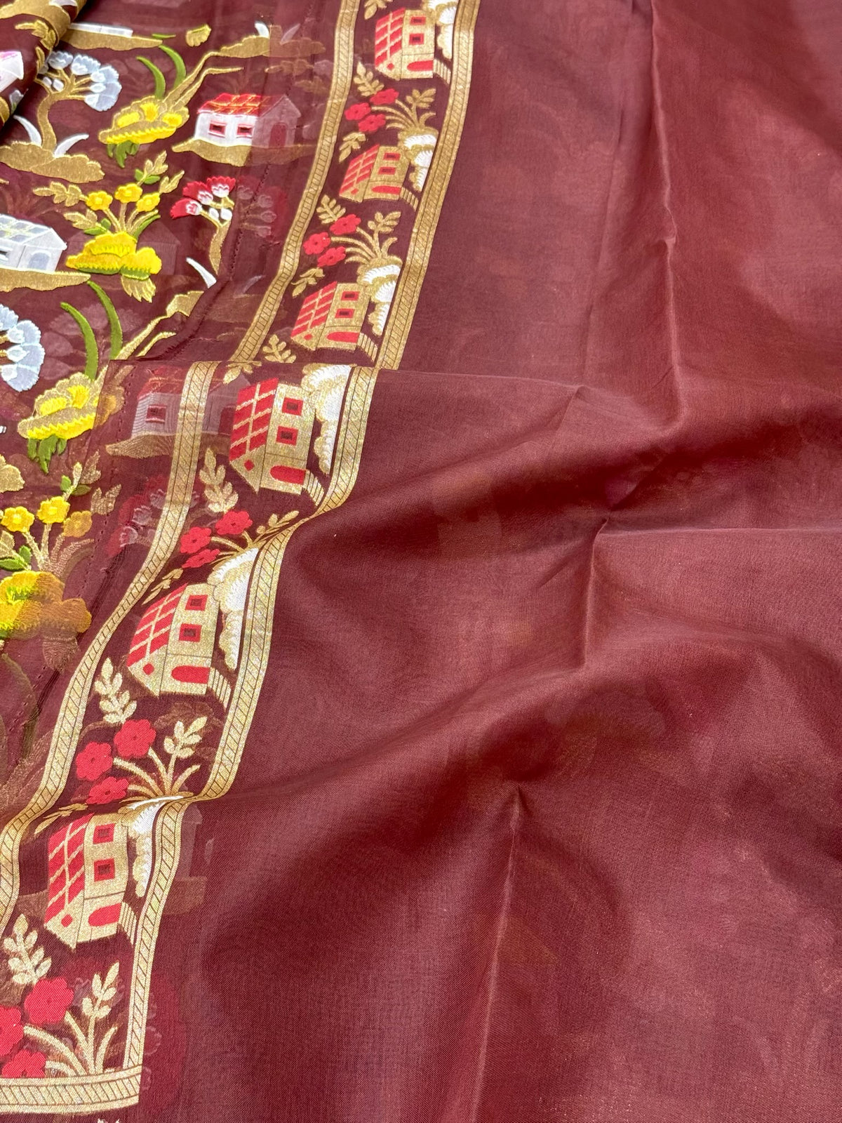 Maroonish Brown Pure Mulberry Kora Silk Saree | Ektara Weave - Soft Drape & Lightweight Handloom Jamdani Banarasi Saree