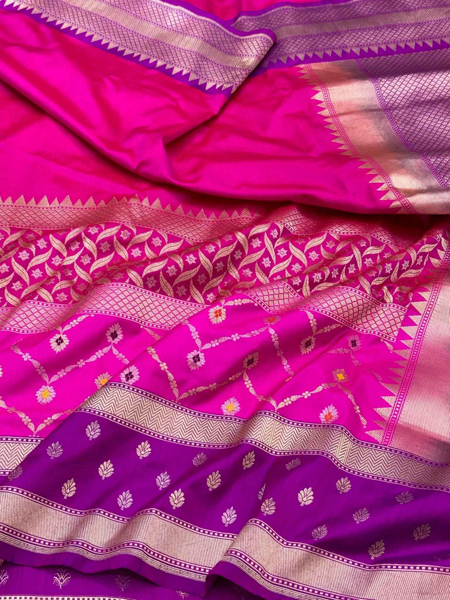 Pink Pure Mulberry Katan Silk | Ektara Kadhwa Technique | Multi Jaal Handwoven Contemporary Authentic Banarasi Saree