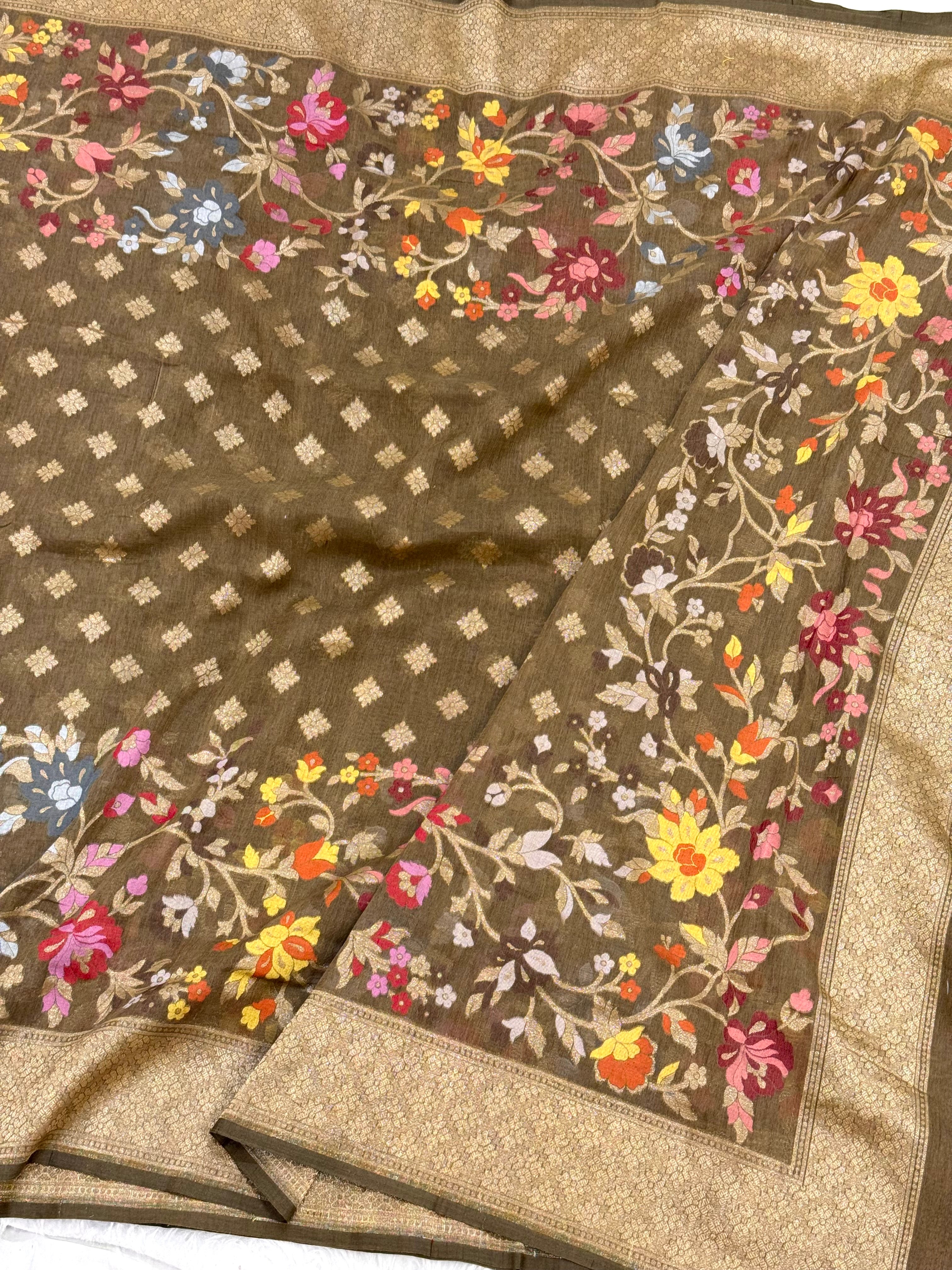 Brown Pure Muslin Cotton Jamdani handloom Banarasi Saree |Ektara Weave|