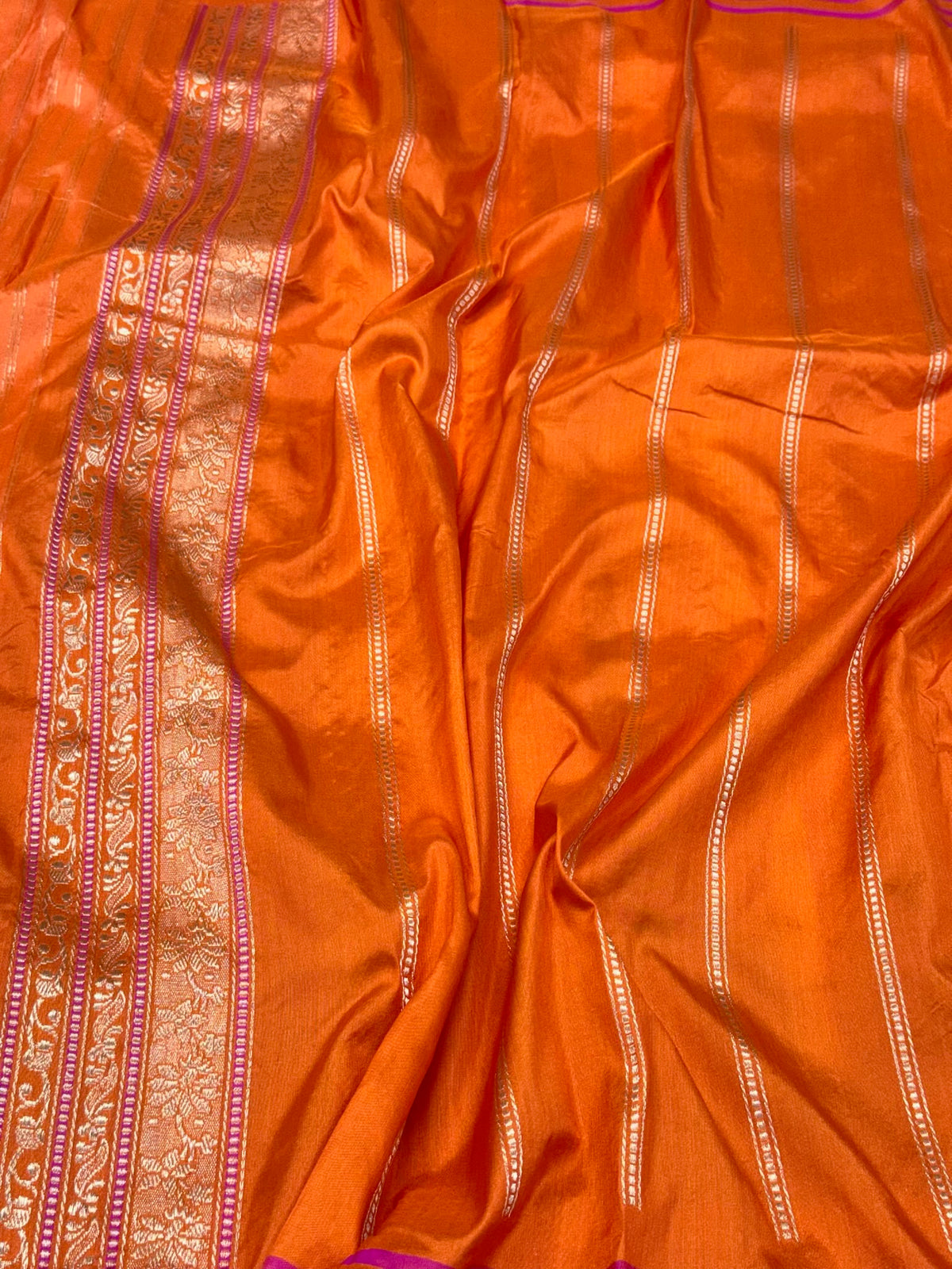 Orange Banarasi Handwoven | Kadhwa Technique | Contemporary Pure Katan Mulberry Silk Banarasi Brocade Saree