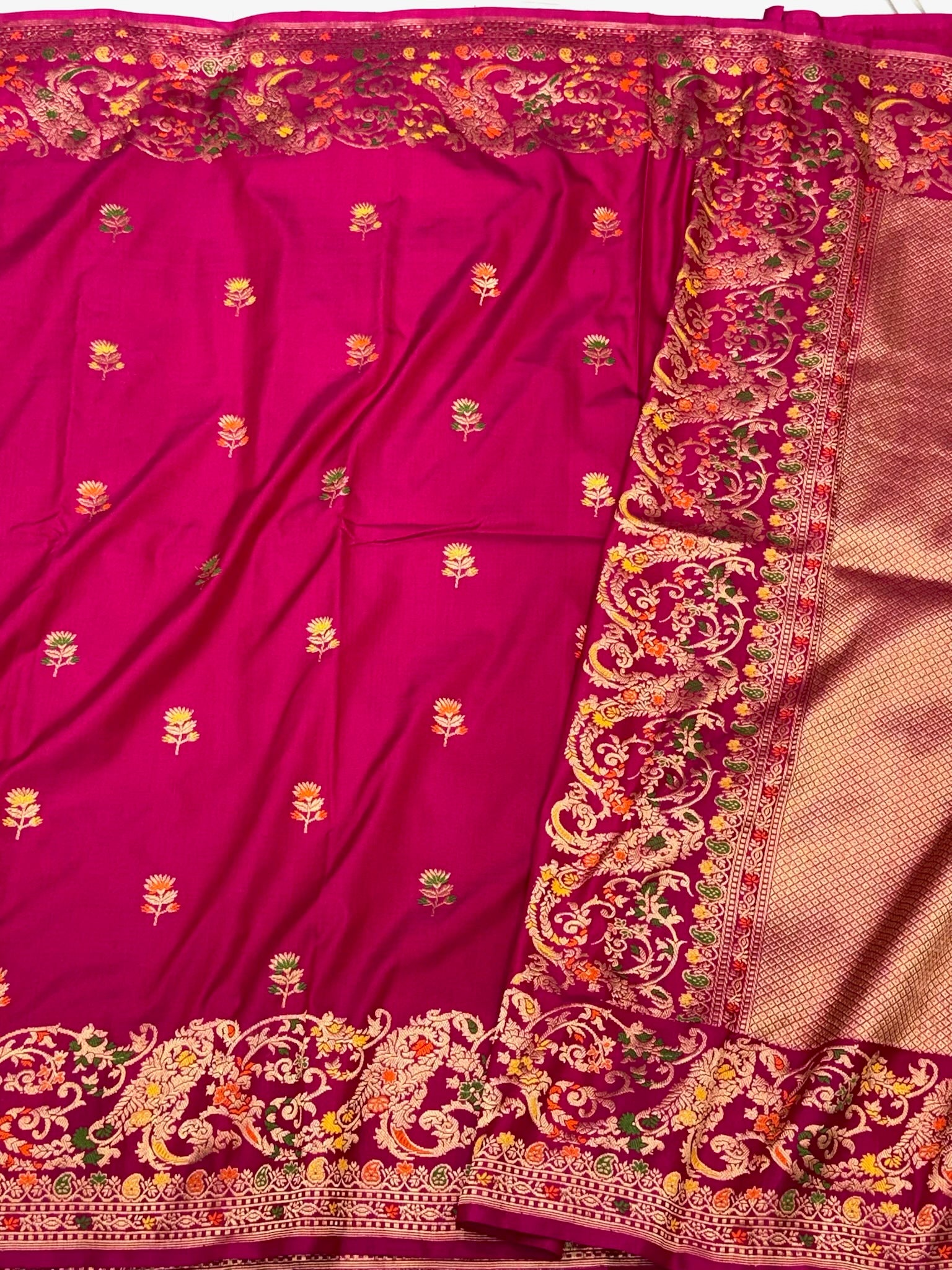 Raspberry Pink Pure Mulberry Katan Silk | Kadhwa Technique | Handwoven Ektara Banarasi Saree
