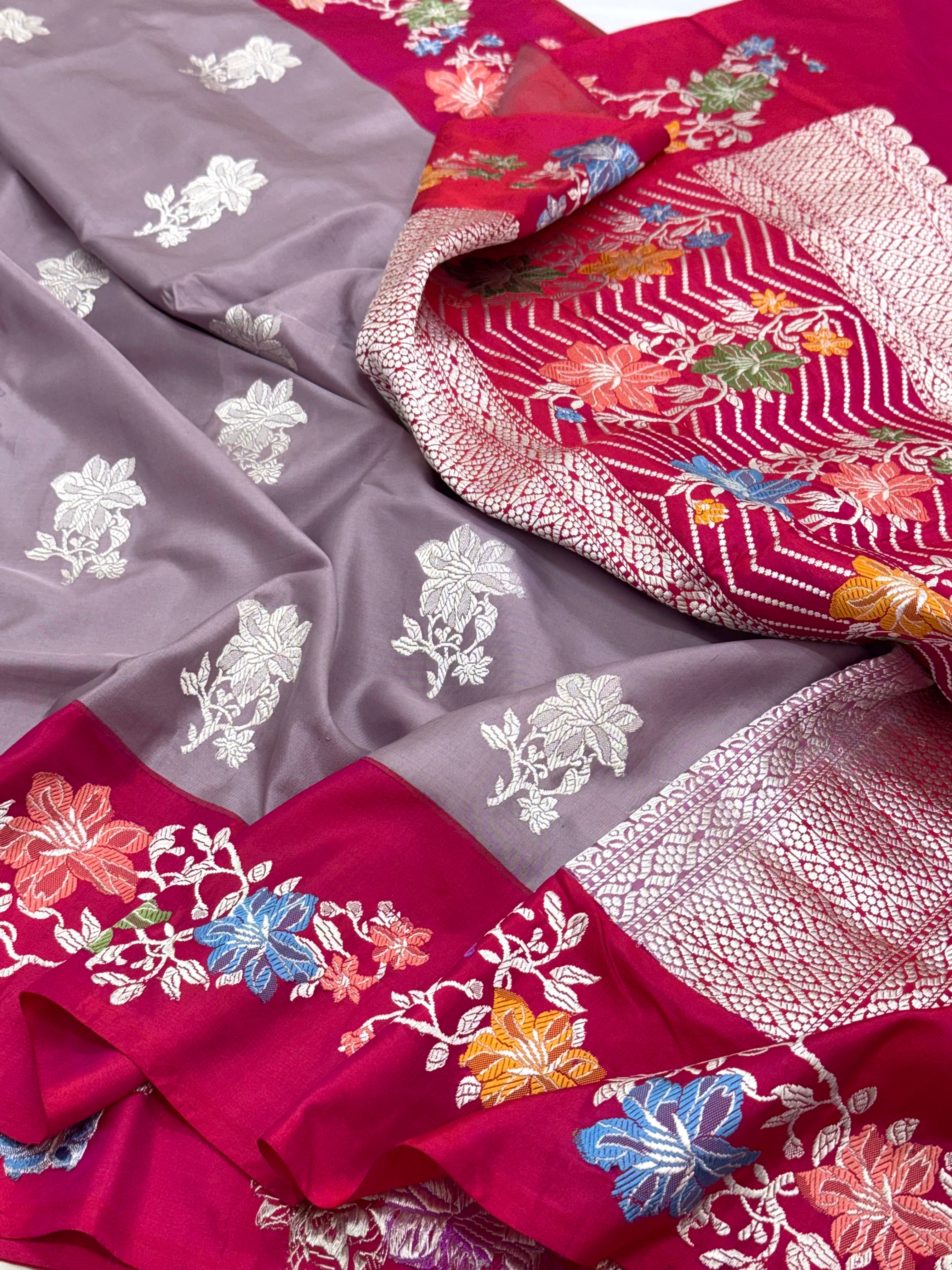 Gray Pure Mulberry Katan Silk Handwoven Banarasi Saree