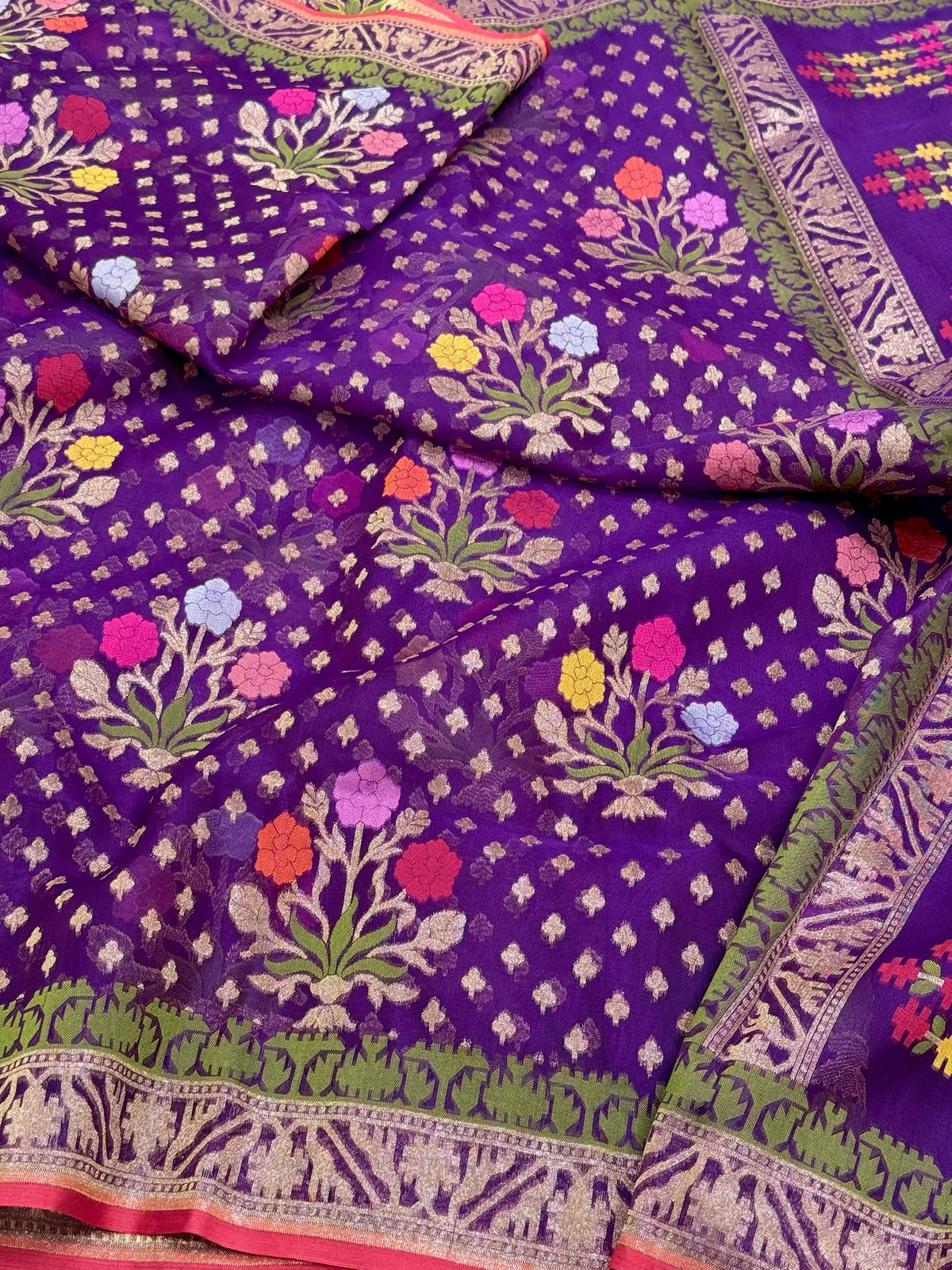 Purple Banarasi Ektara Jamdani Saree | Pure Kora Mulberry Silk Modern Handloom Lightweight Saree