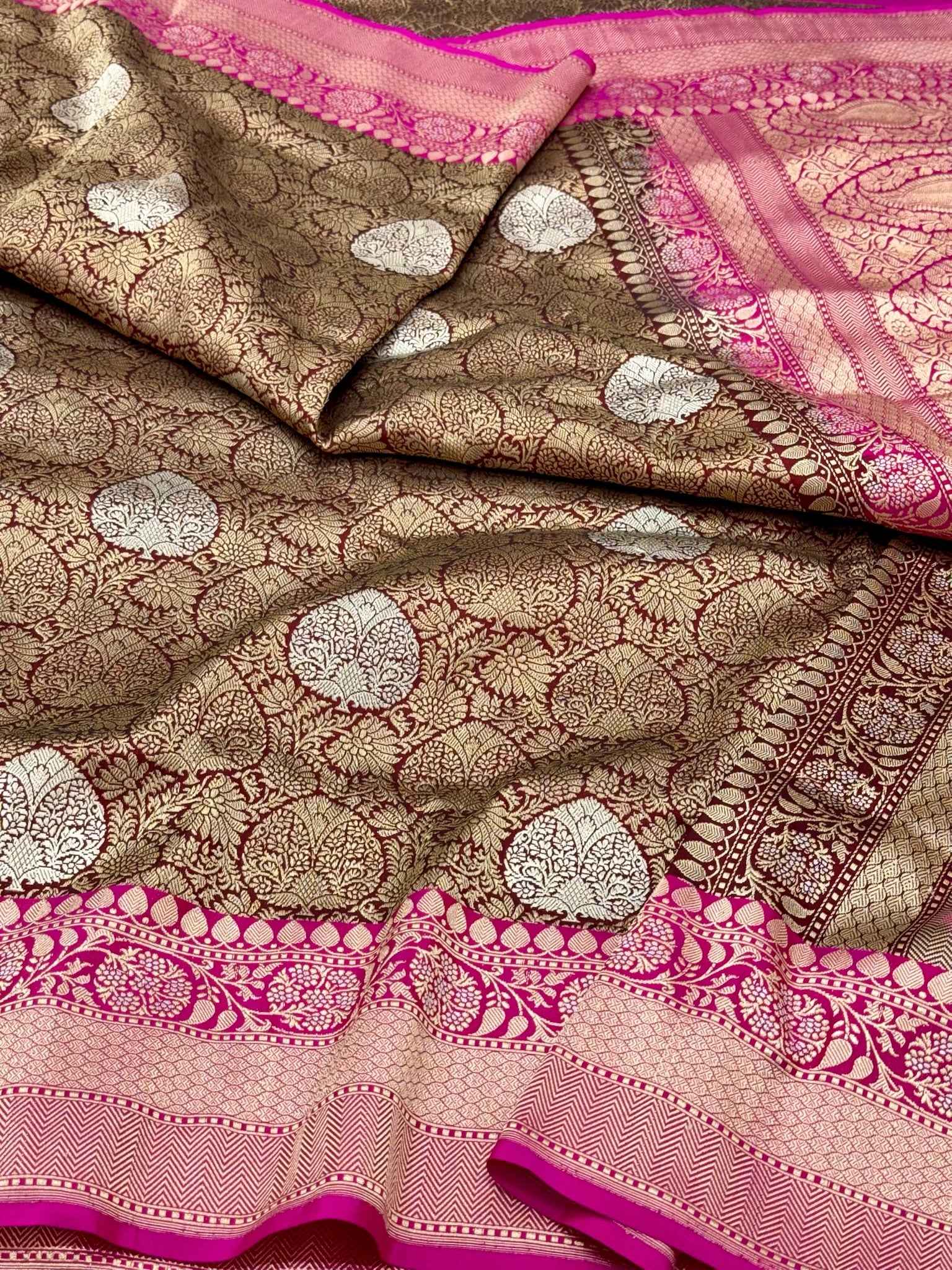 Brown Banarasi Handwoven Brocade Saree | Pure Katan Mulberry Silk Banarasi Saree - Kadhwa Weave