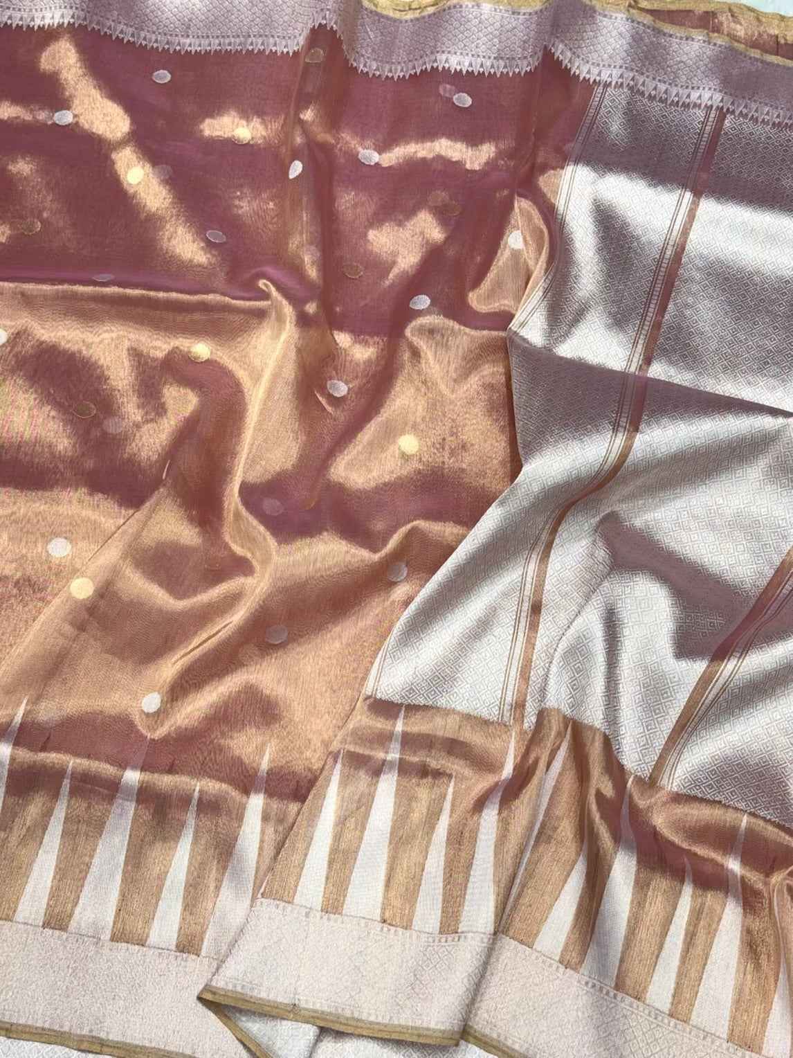 Dusty Rose Gold Pure Tissue Silk Saree - Kadhwa Tecnique | Pure Kora Silk Handwoven Banarsi Saree