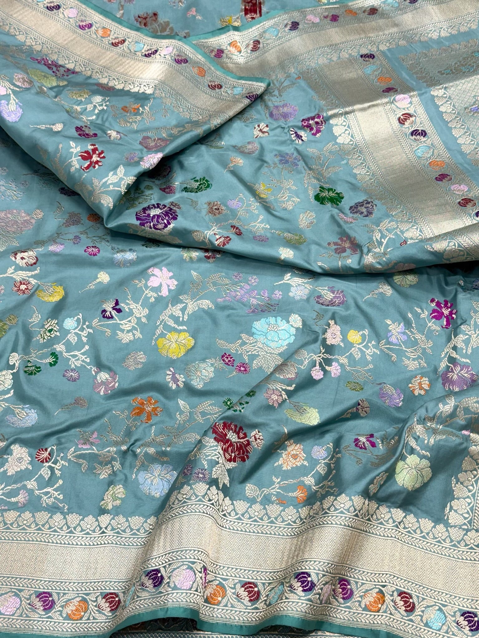 Dusty Teal Green Luxury Banarasi Saree | Pure Mulberry Silk & Pure Double Katan Silk - Kadhwa Banarasi Saree