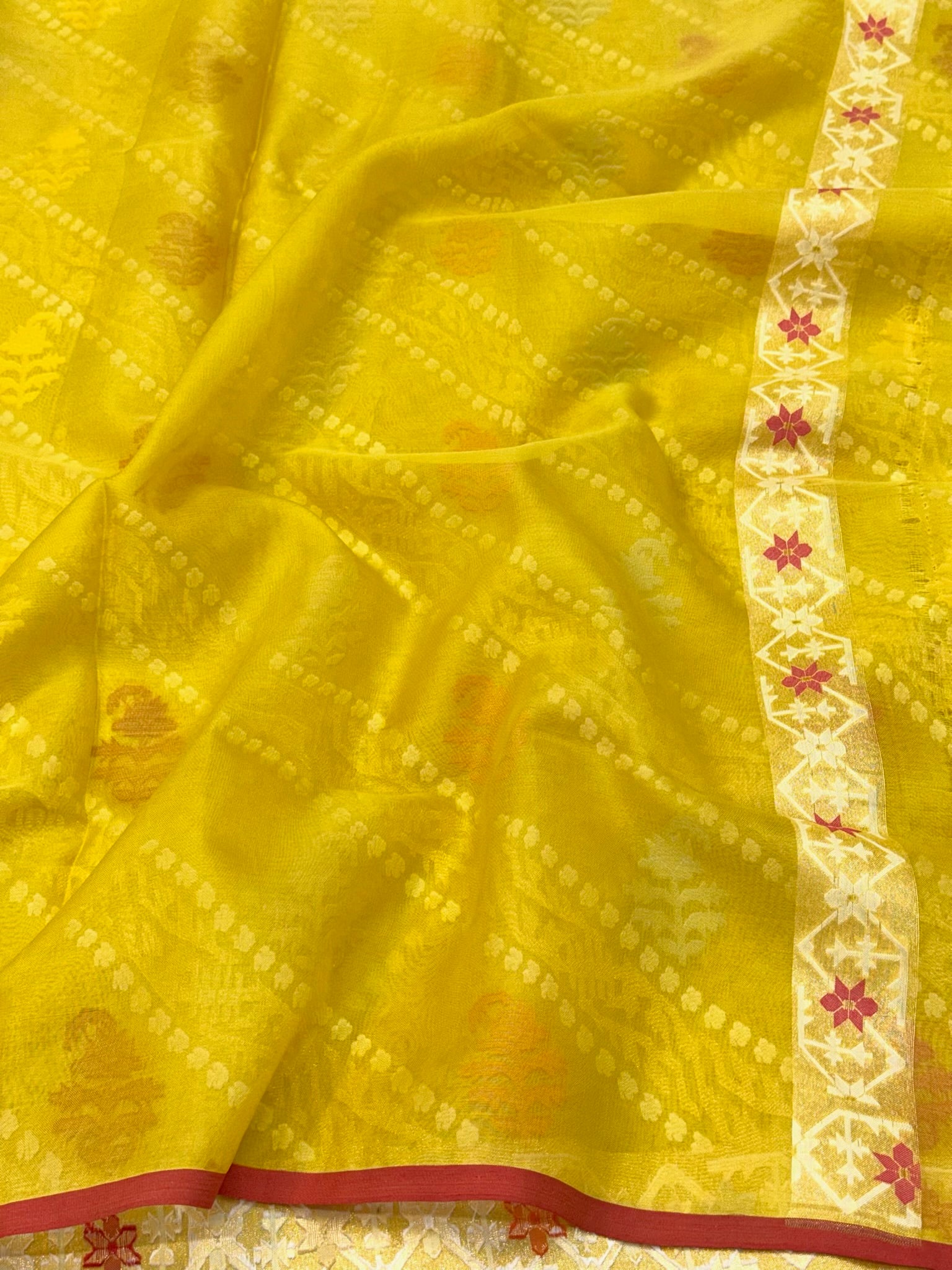 Mustard Yellow Pure Kora Silk Handloom Banarasi Saree with Ektara + Jamdani Weave