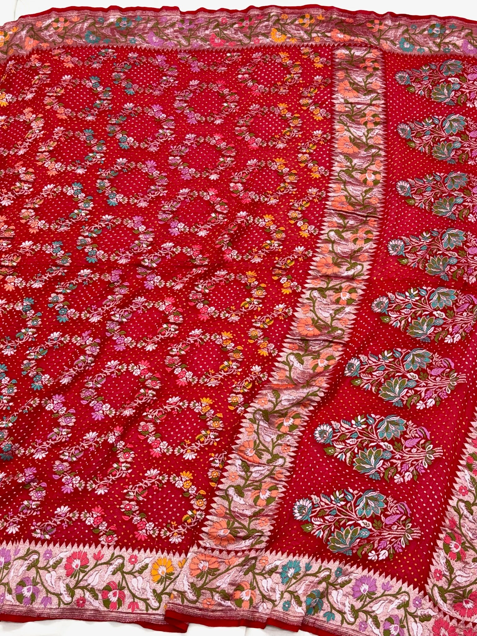 Red Pure Chiffon Georgette Handloom Authentic Banarasi Bandhej Saree - Heritage In A New Light