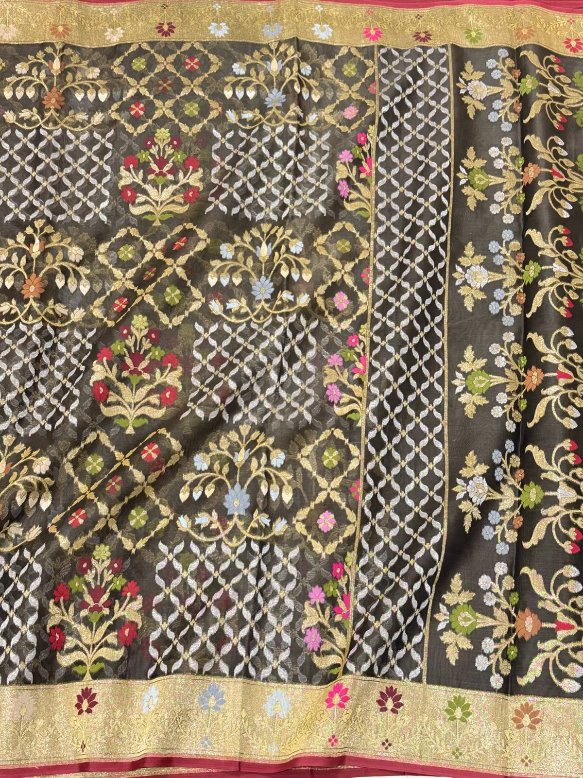 Black Pure Mulberry Kora Silk | Ektara Technique | Handloom Banarasi Contemporary Jamdani Saree