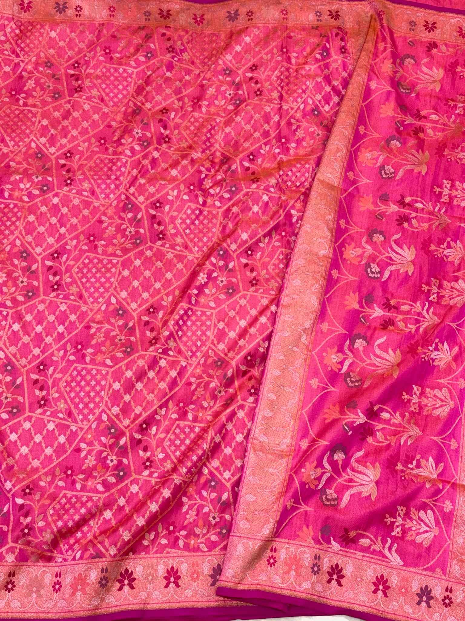 Pink Pure Mulberry Silk & Pure Katan Silk Saree - Handloom Ektara Jamdani Comtemporary Banarasi Silk Saree