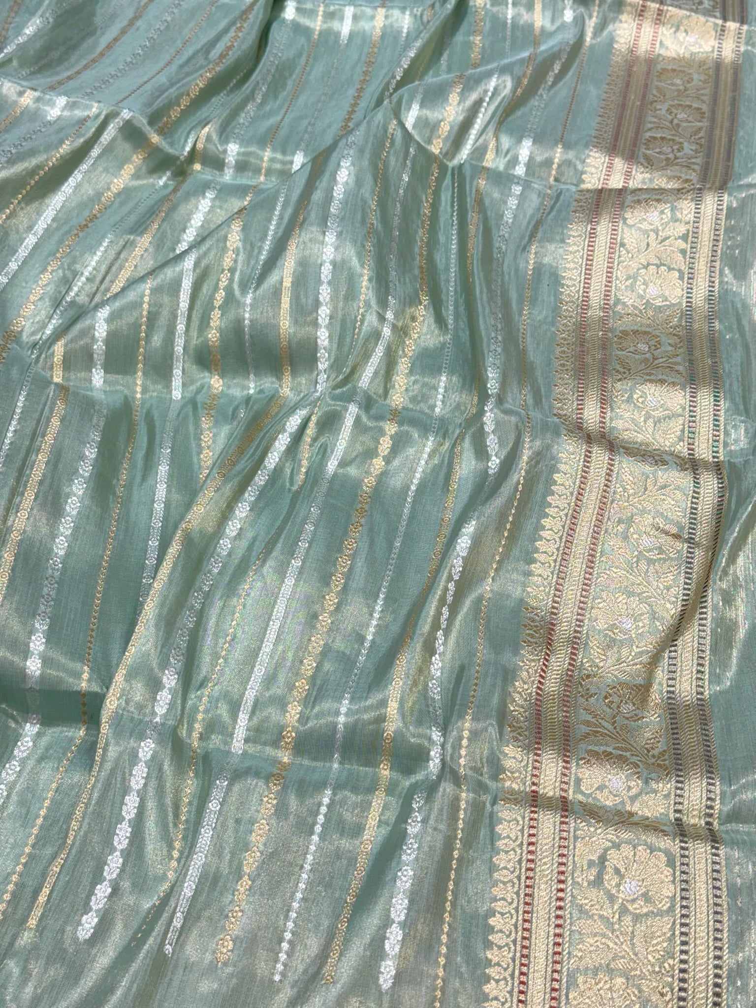 Pastel Aqua Green Handwoven | Ektara Kadhwa Technique | Pure Double Katan Tissue Silk Authentic Banarasi Saree
