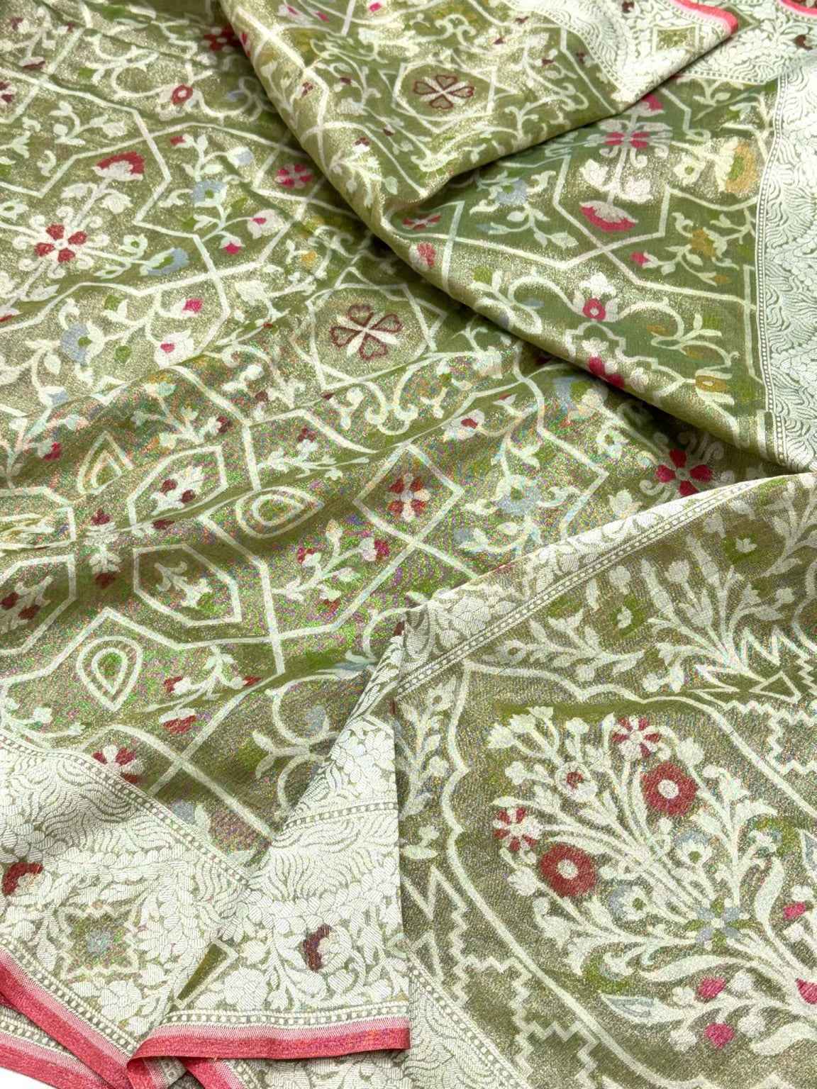 Mehendi Green Pure Muslin Cotton Saree |Ektara Jamdani Handloom Banarasi Saree