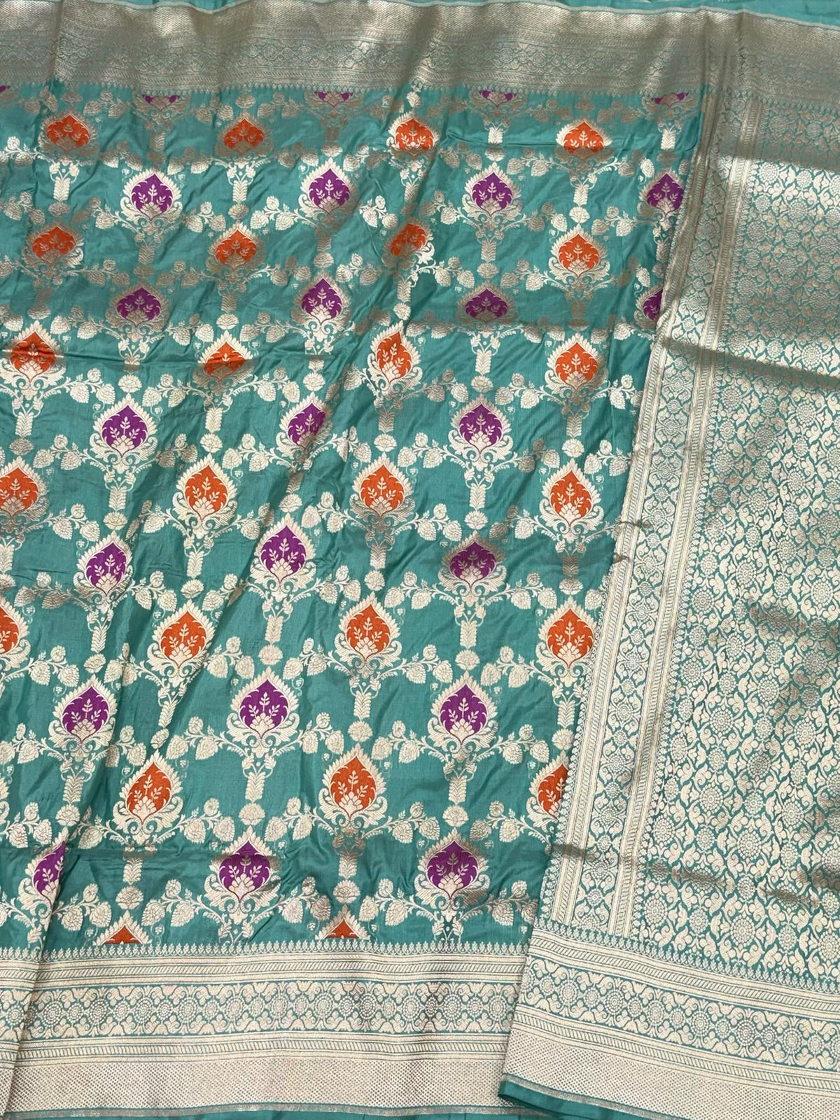Sea Green Pure Katan Mulberry Silk Handloom Banarasi Meenakari Saree - Modern Jaal