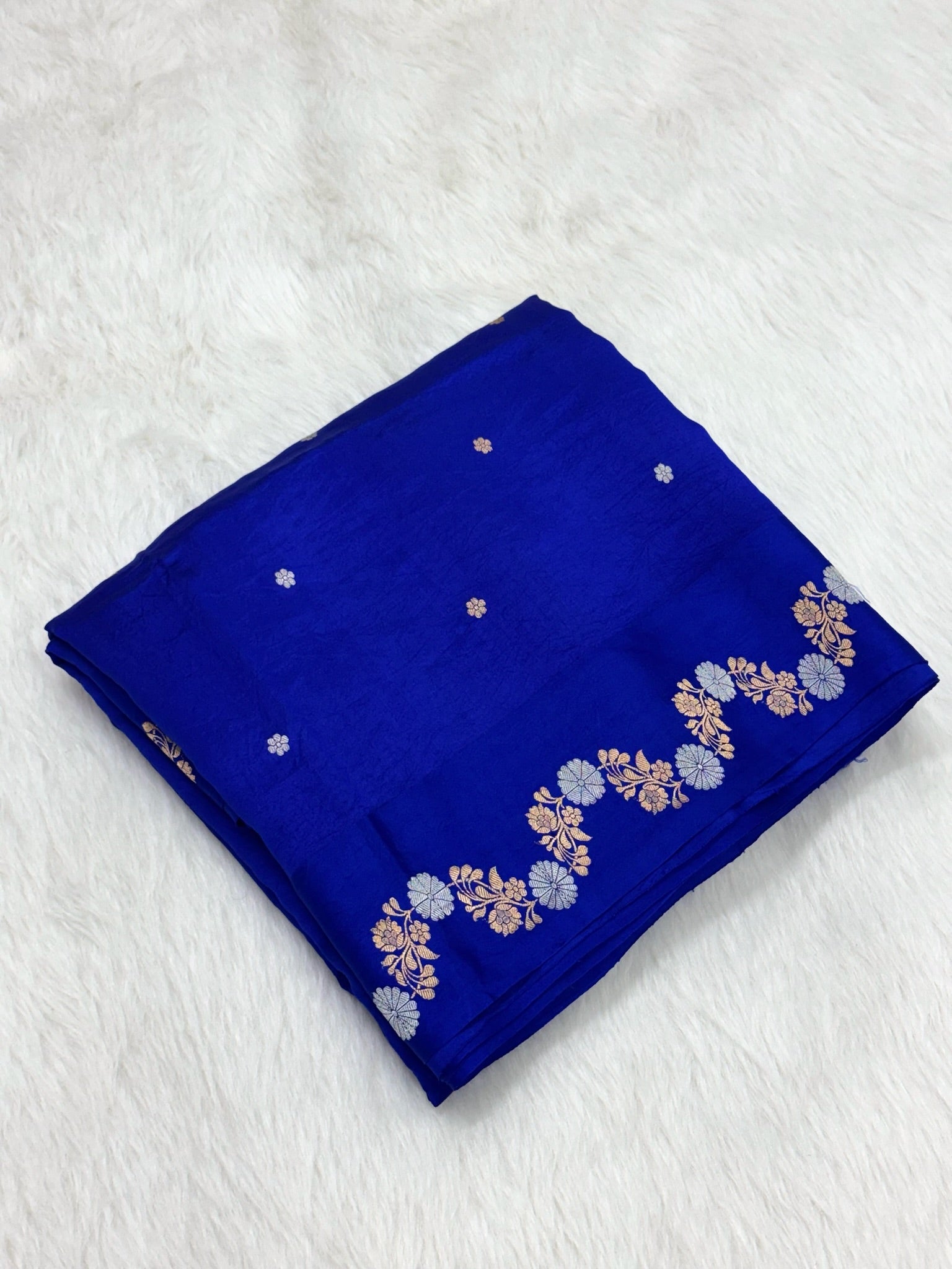 German Blue Pure Raw Mango Silk Handwoven Banarasi Saree
