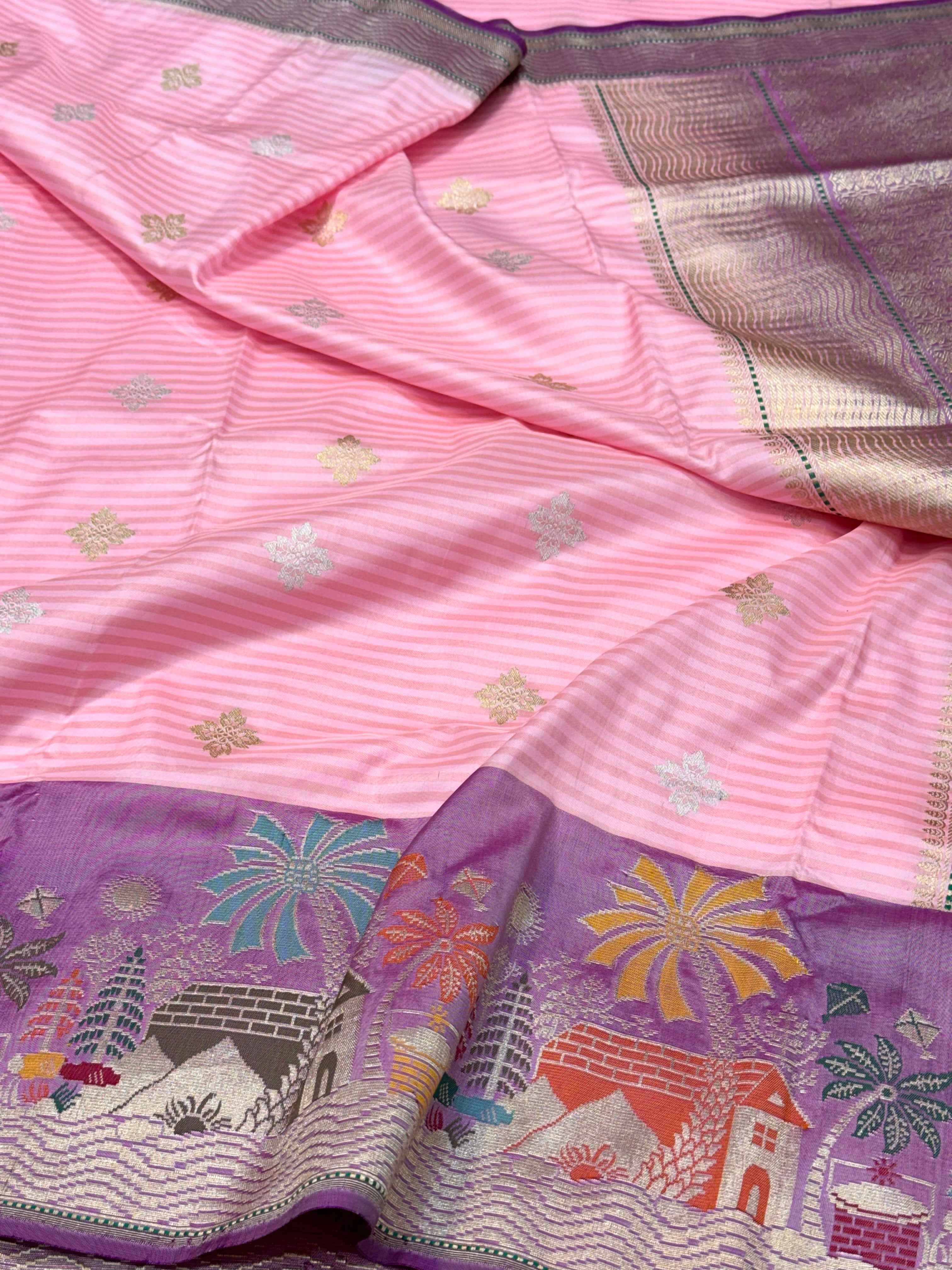 Powder Pink/Purple Pure Mulberry Katan Silk Handwoven Banarasi Saree