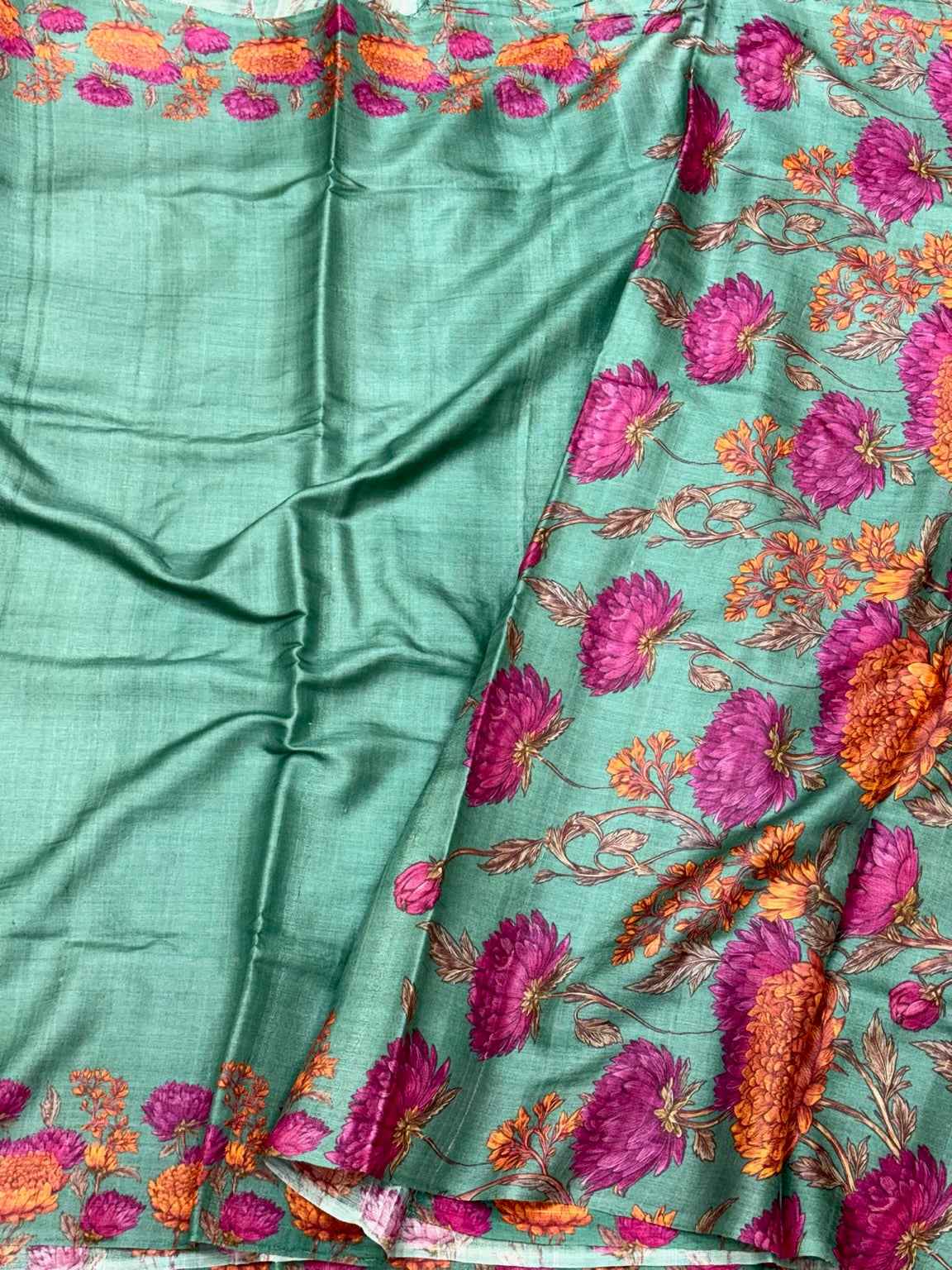 Green Pure Tussar Silk Handloom Printed Banarasi Saree - Soft Lightweight Banarasi Saree