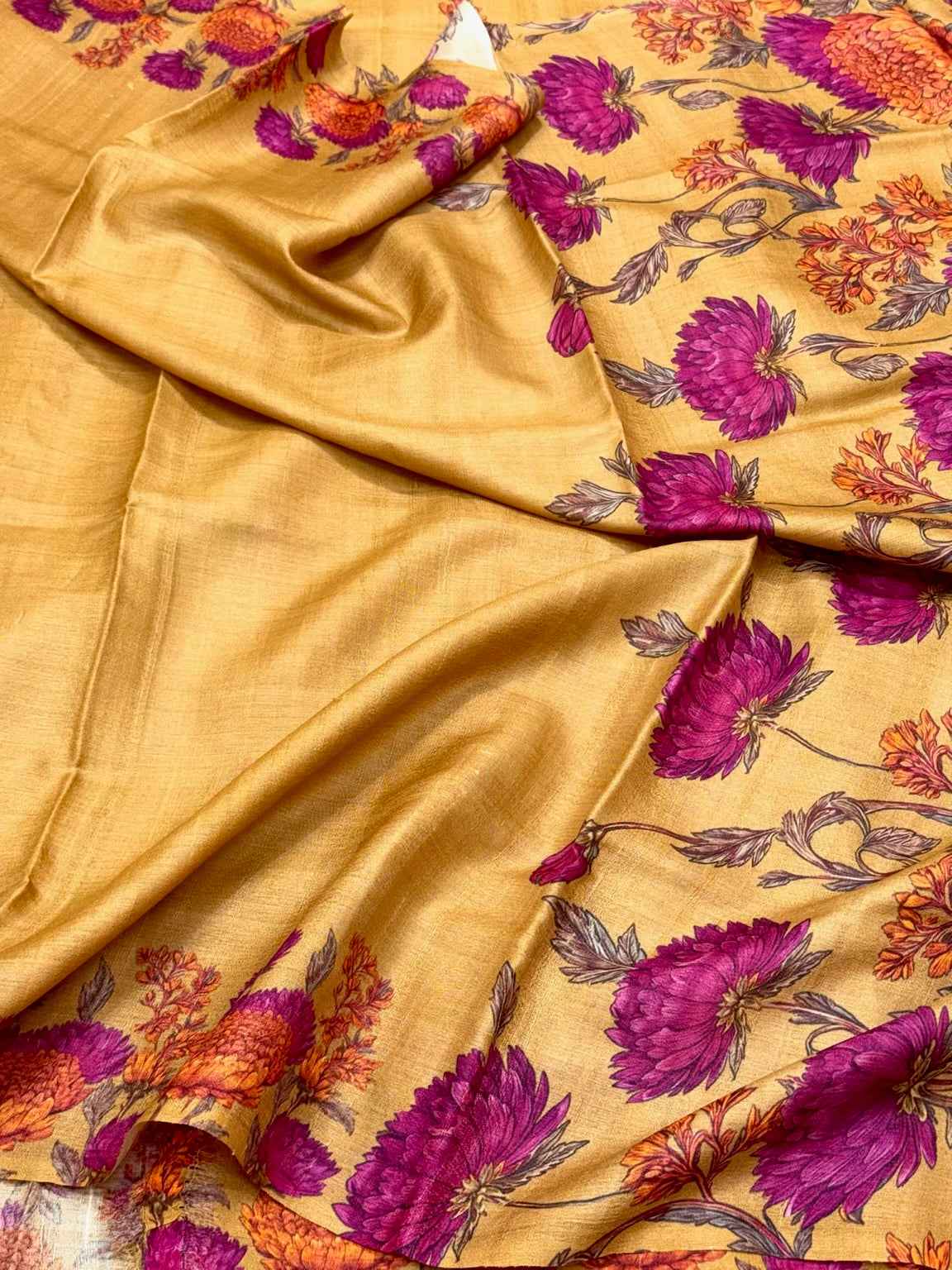 Mustard Yellow Pure Tussar Silk Handloom Printed Banarasi Saree - Soft Lightweight Banarasi Saree