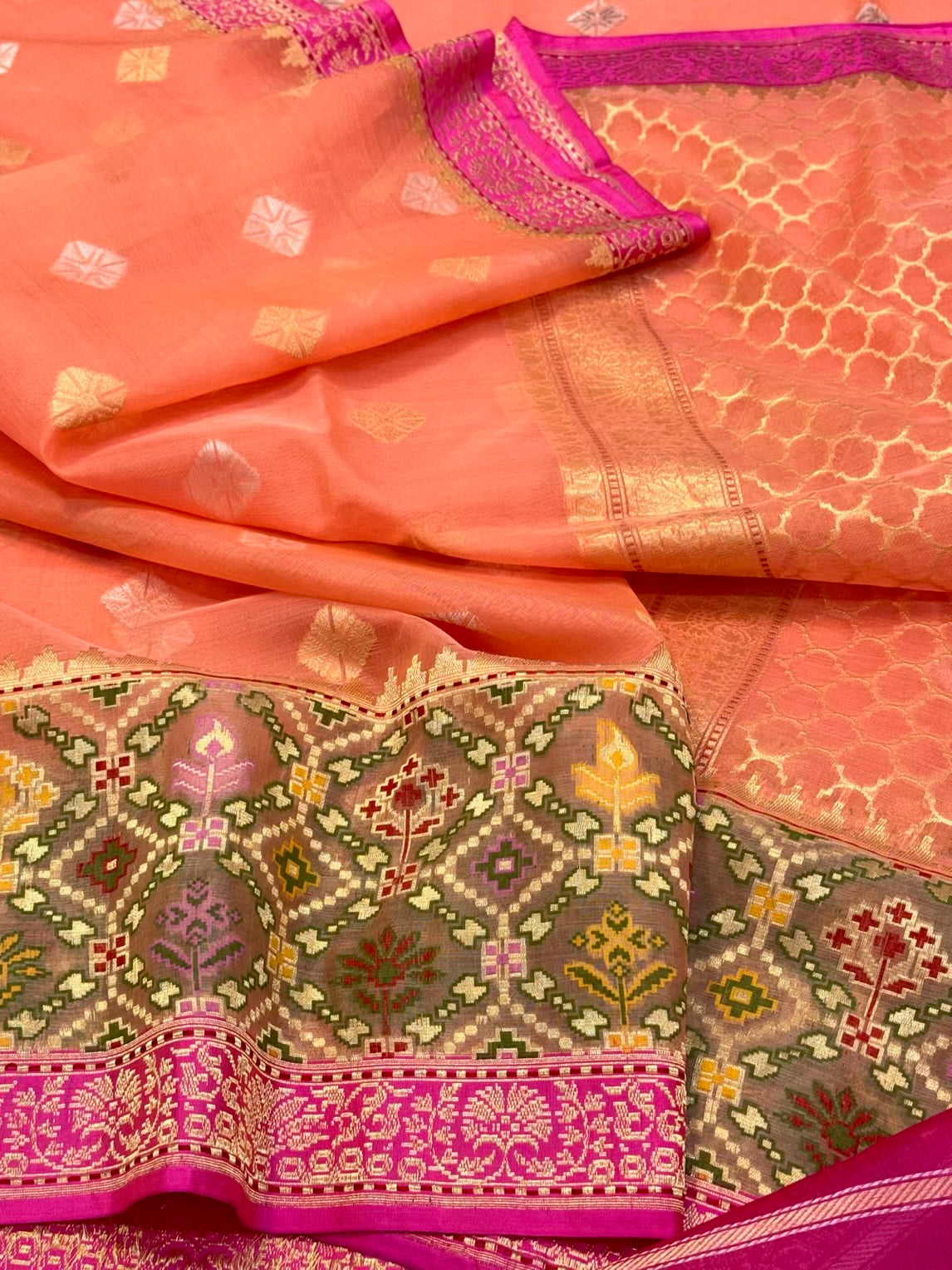 Peach Orange Pure Kora Silk Handwoven Banarasi Saree - Pure Mulberry Silk Patola Touch Saree
