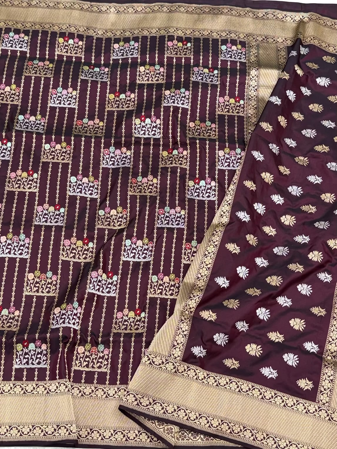 Wine Pure Double Katan Silk Saree | Pure Mulberry Silk Handwoven ( Kadhwa Technique ) Banarasi Saree
