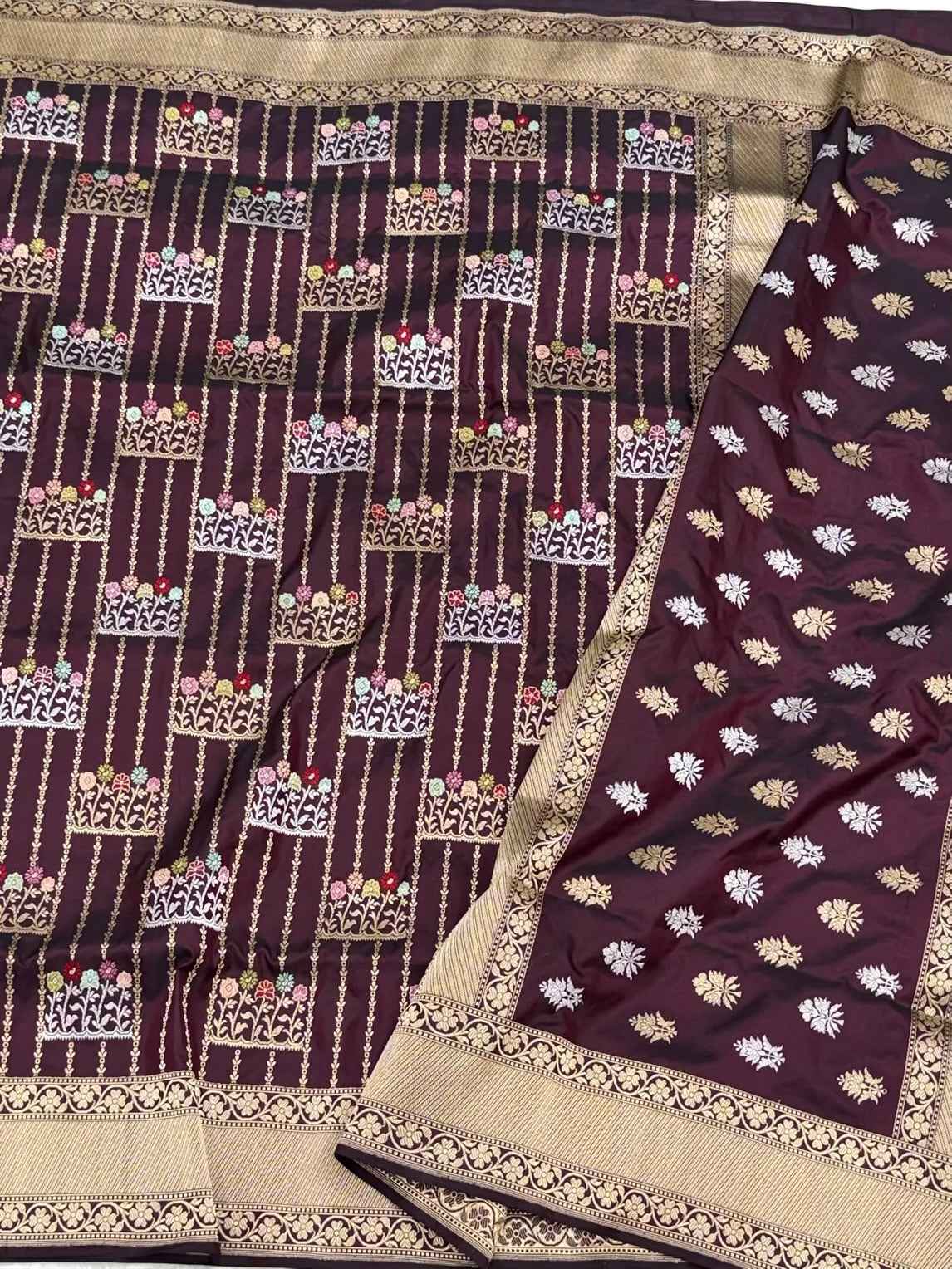 Wine Pure Double Katan Silk Saree | Pure Mulberry Silk Handwoven ( Kadhwa Technique ) Banarasi Saree