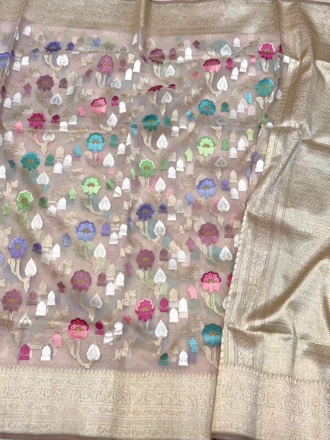 Champagne Pure Kora ( Organza ) Silk | Kadhwa Technique Handwoven Banarasi Saree