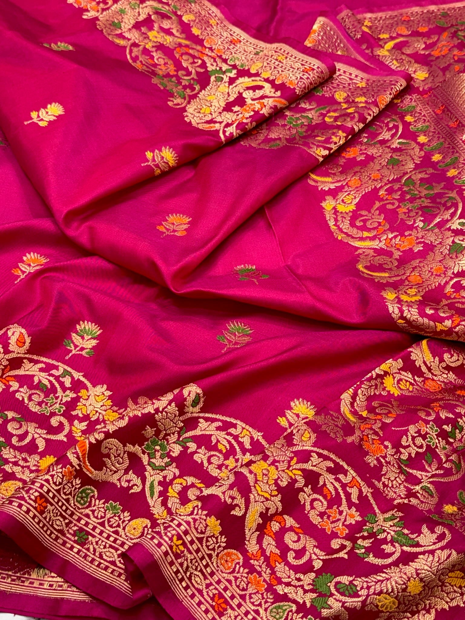Raspberry Pink Pure Mulberry Katan Silk | Kadhwa Technique | Handwoven Ektara Banarasi Saree