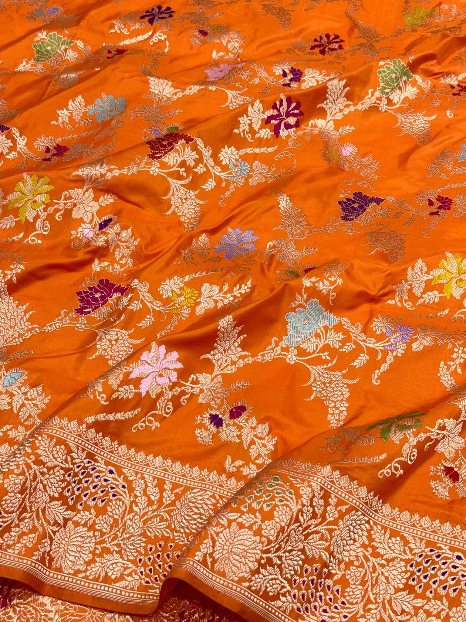 Orange Pure Mulberry Double Katan Silk Handwoven Banarasi Saree | Kadhwa Weave |
