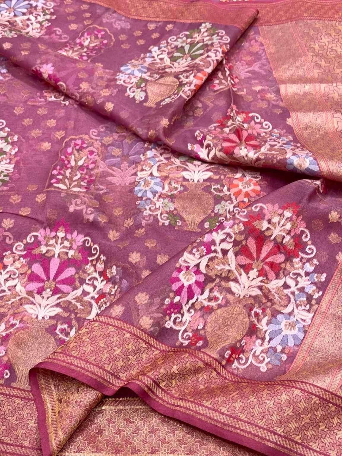 Lilac Pink Pure Kora Silk Handloom Banarasi Saree With Ektara Weave