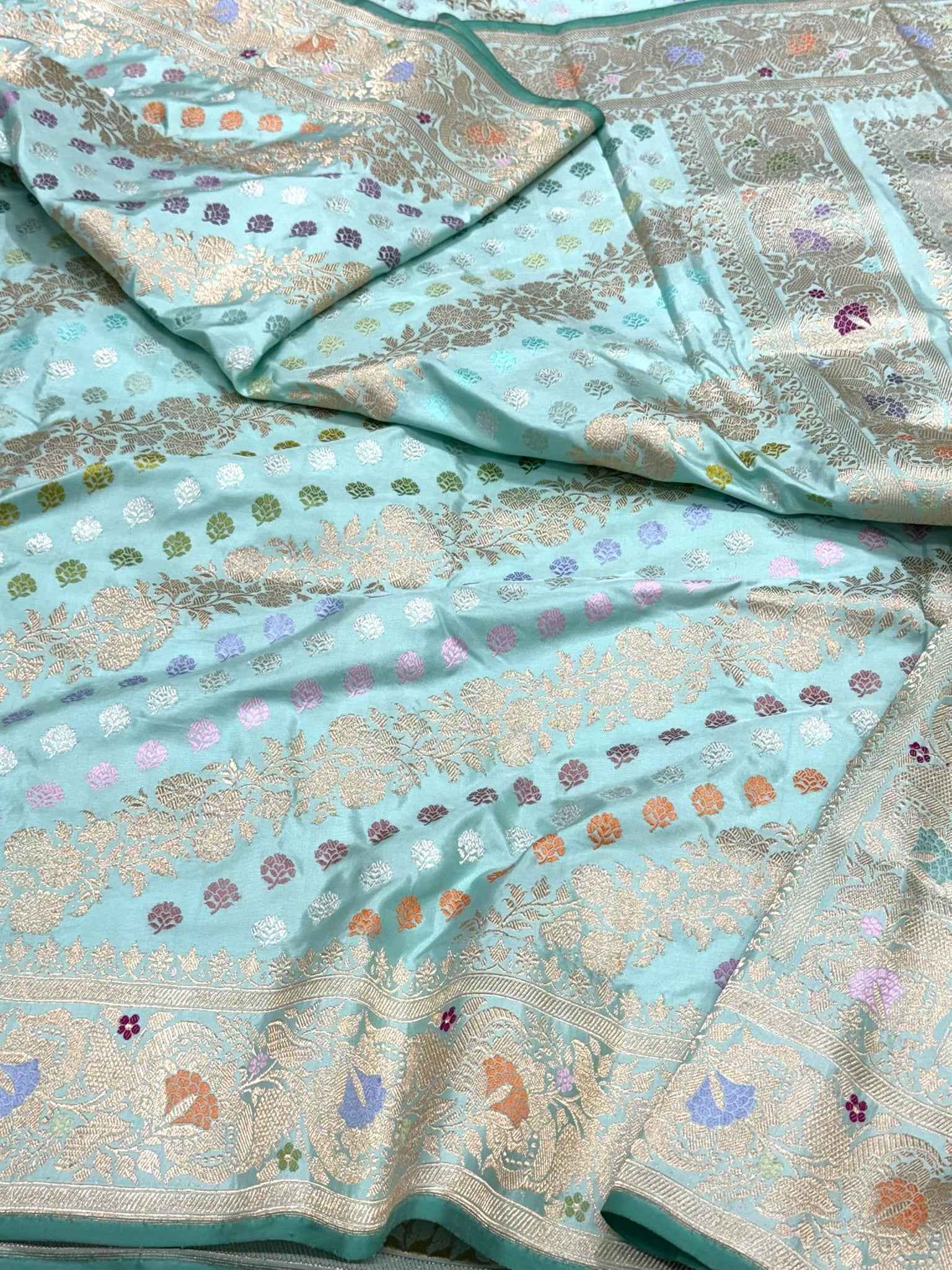 Dusty Sea Green Pure Double Katan Mulberry Silk | Kadhwa Technique | Handwoven Modern Authentic Banarasi Saree