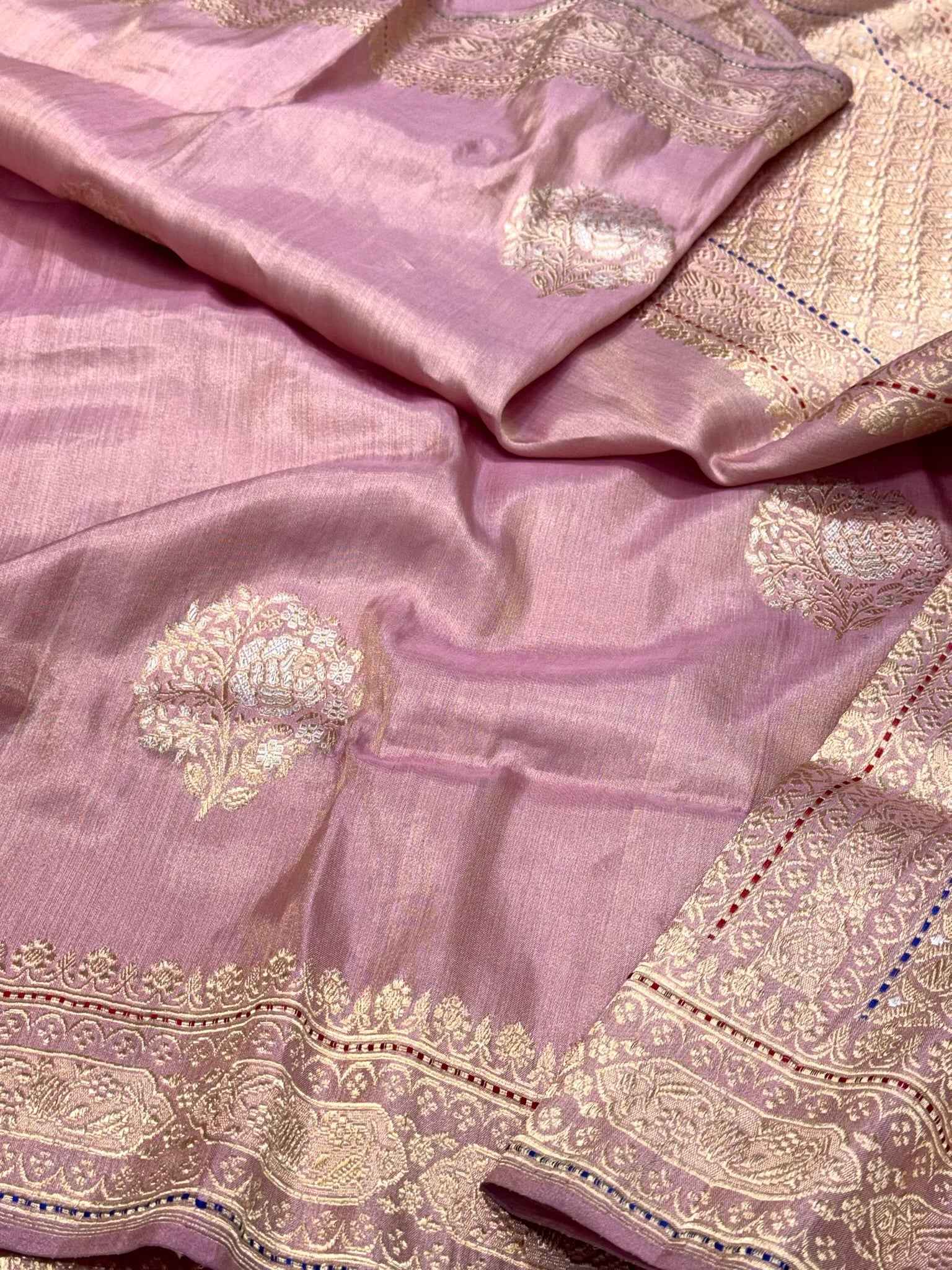 Mauve Pink Pure Mulberry Katan Tissue Silk Handwoven Banarasi Saree - Kadhwa Weave