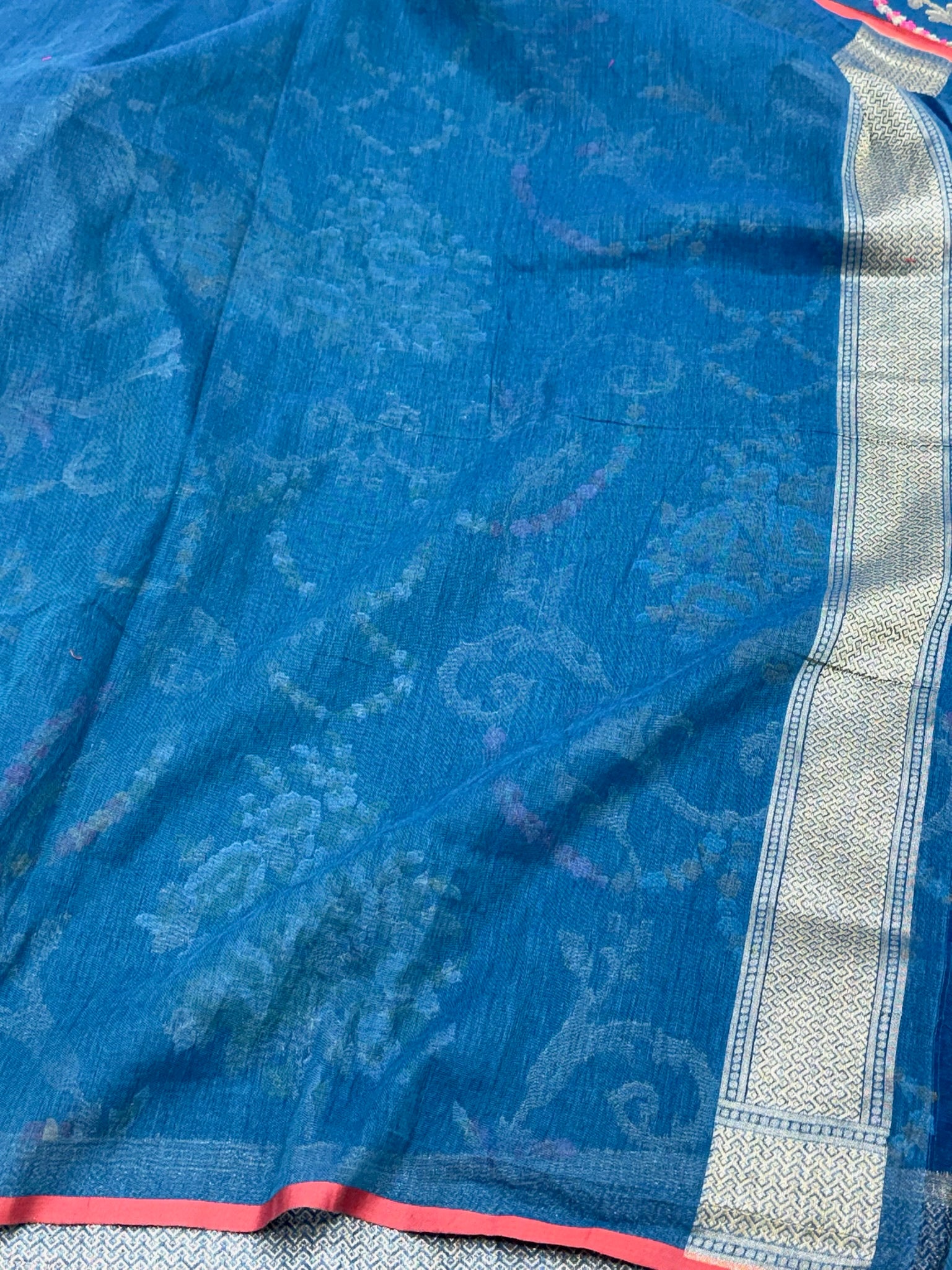 Blue Pure Muslin Cotton Jamdani Ektara Weave Handloom Banarsi Saree