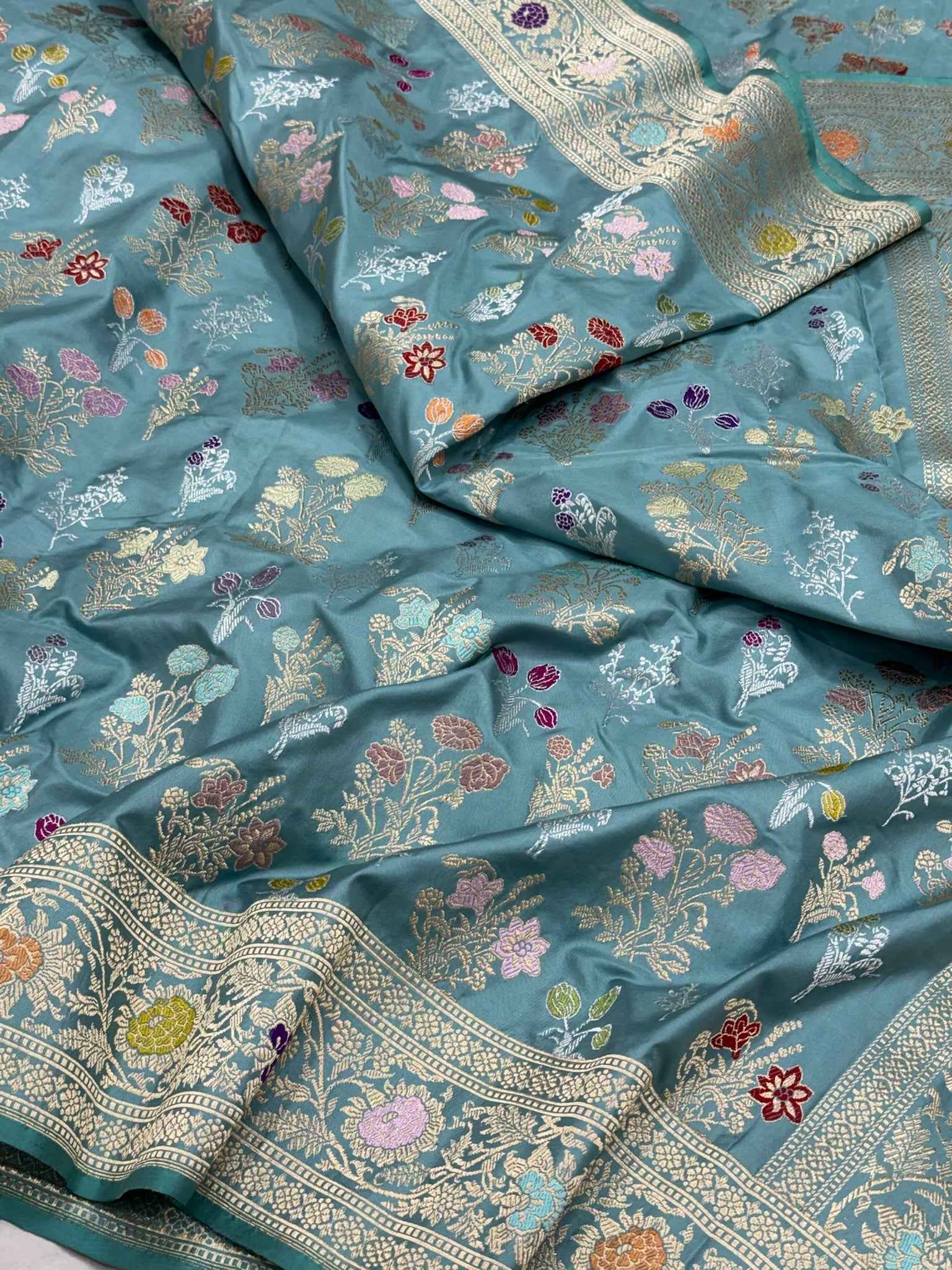 Dusty Teal Green Handwoven Luxury Banarasi Saree - Pure Double Katan Mulberry Silk | Kadhwa Technique | Banarasi Saree