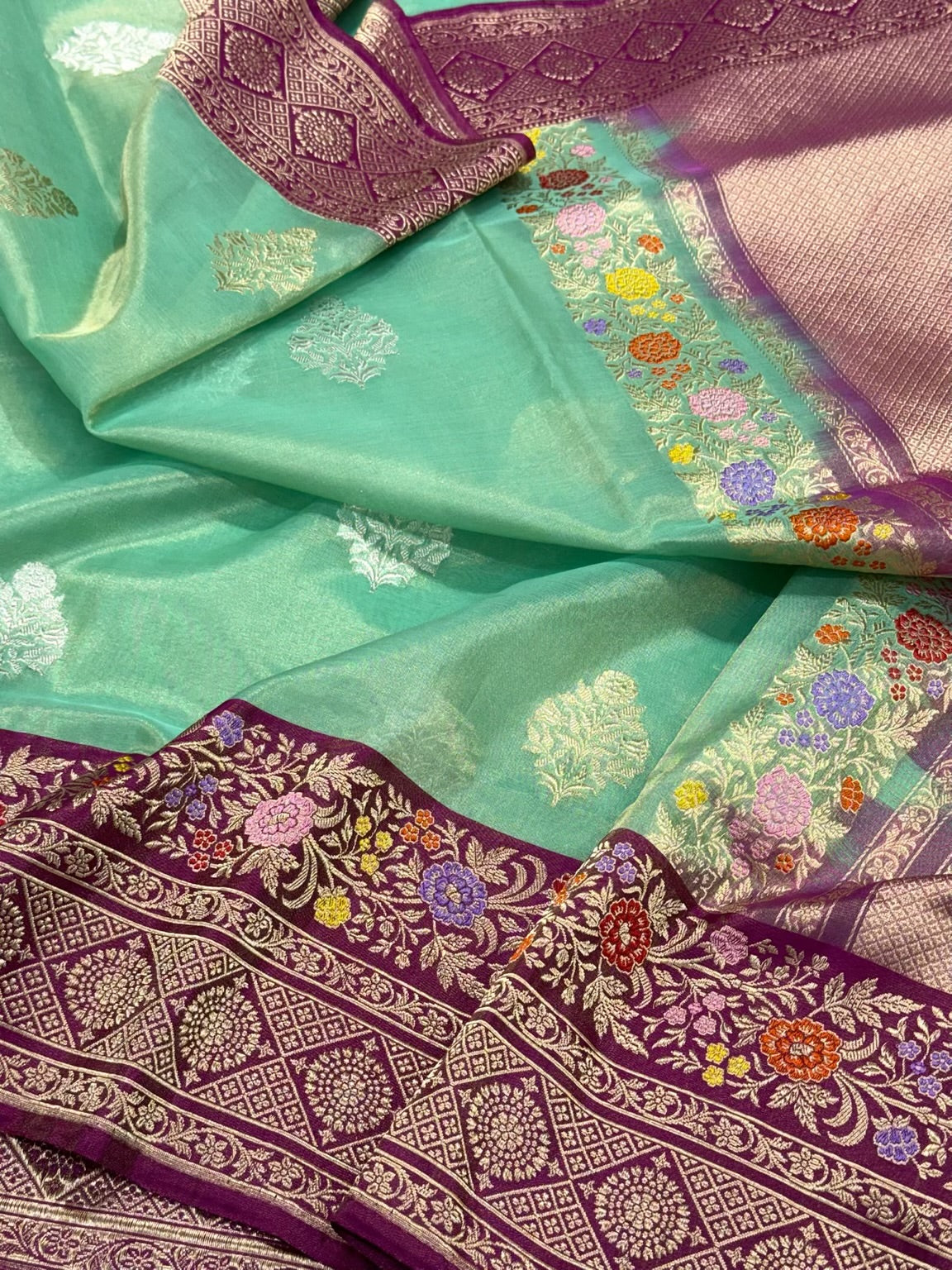 Sea Green Pure Kora Tissue Silk Handwoven Banarasi Silk Saree | Katan Silk Border & Blouse