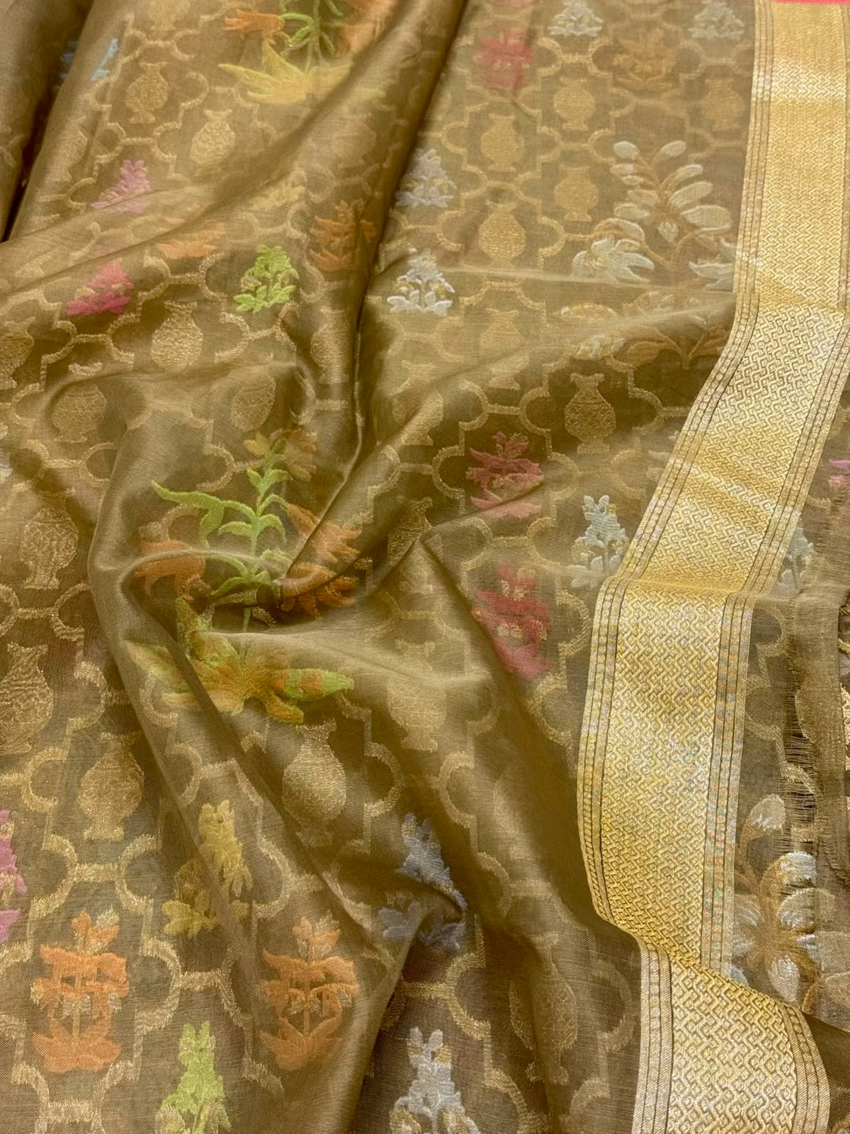 Brown Pure Kora Mulberry Silk Handloom Ektara Jamdani Banarasi Saree - Lightweight Breathable Saree