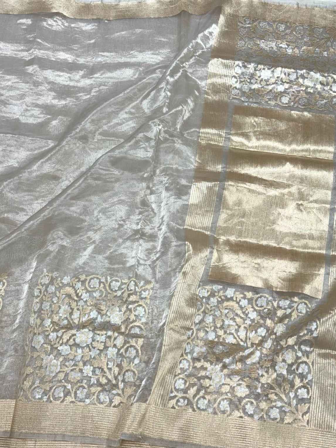 Silver/White Pure Tissue Silk Saree - 100% Pure Kora Silk | Handwoven Banarasi Silk Saree - Modern Contemporary Saree