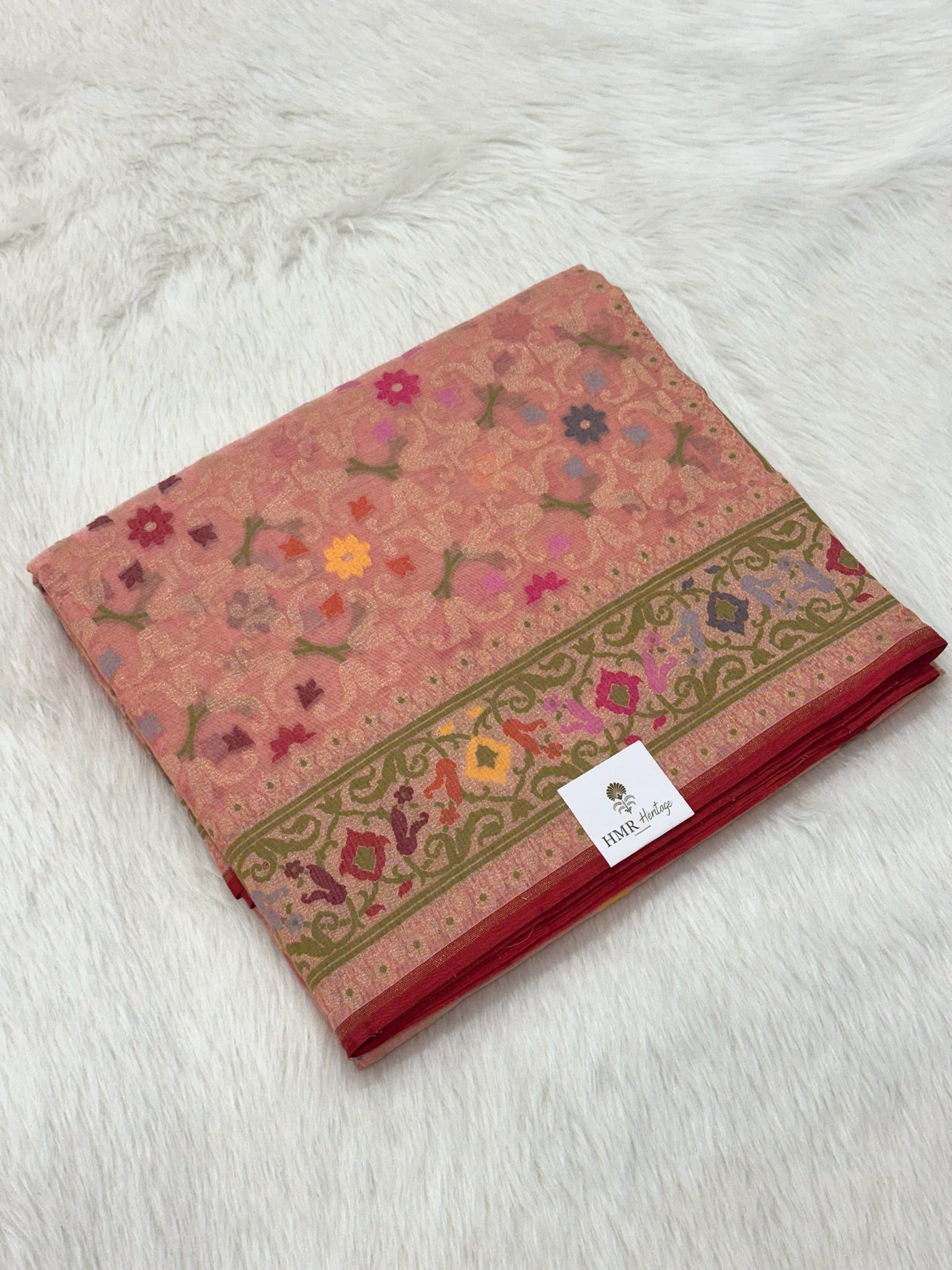 Peach Pure Muslin Cotton Jamdani Handloom Banarasi Saree |Ektara Weave|