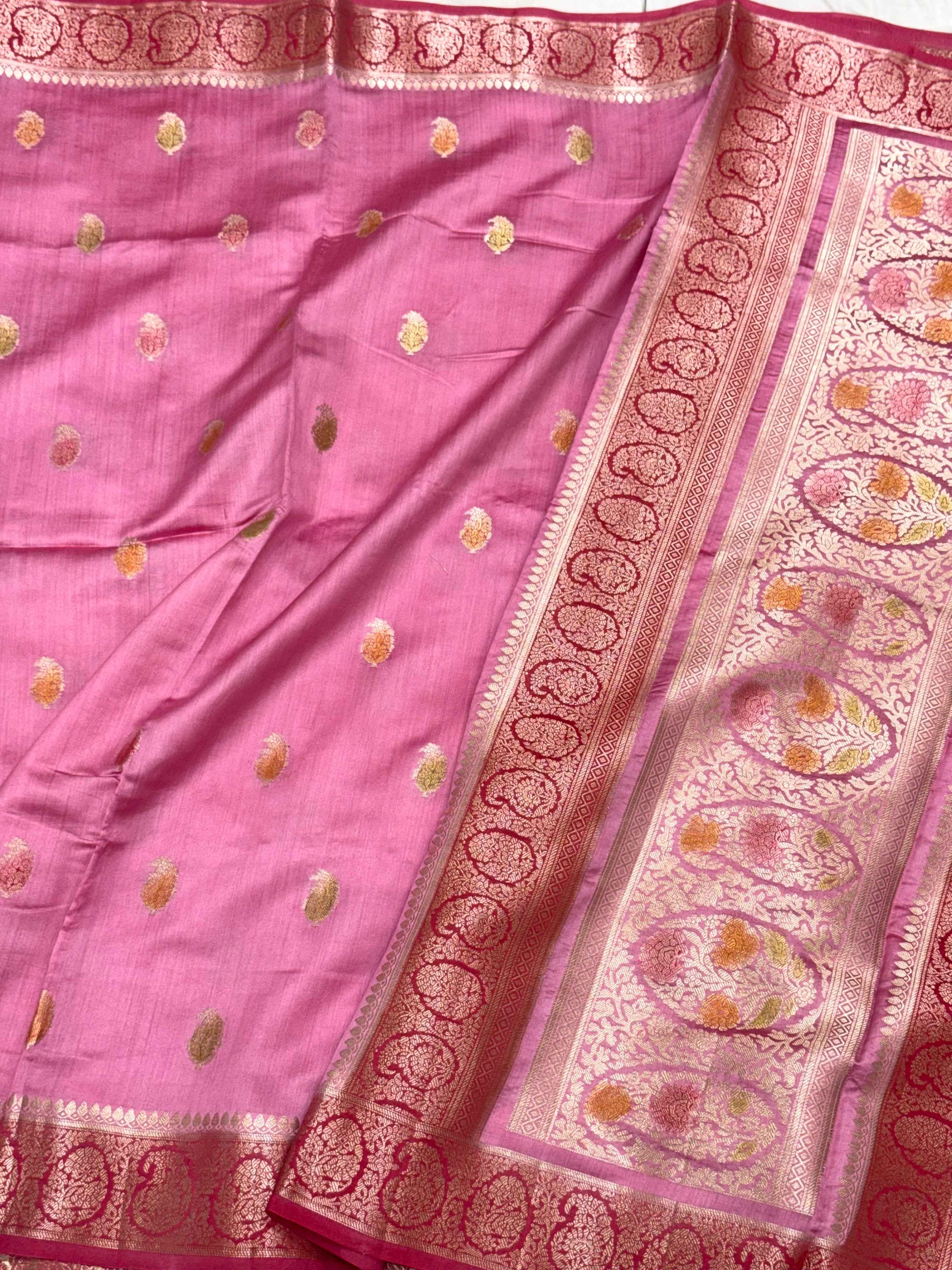 Yellow Green Pure Mulberry Chiniya Silk Lightweight Banarasi Saree