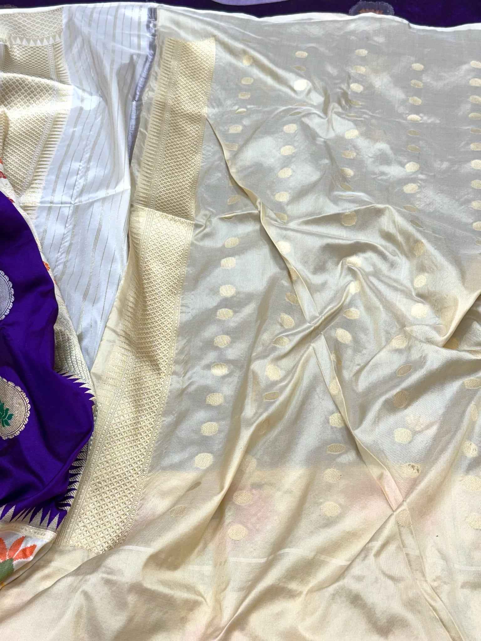 Purple/Ivory Pure Mulberry Katan Silk | Kadhwa + Kadhiyal Technique | Handwoven Banarasi Saree