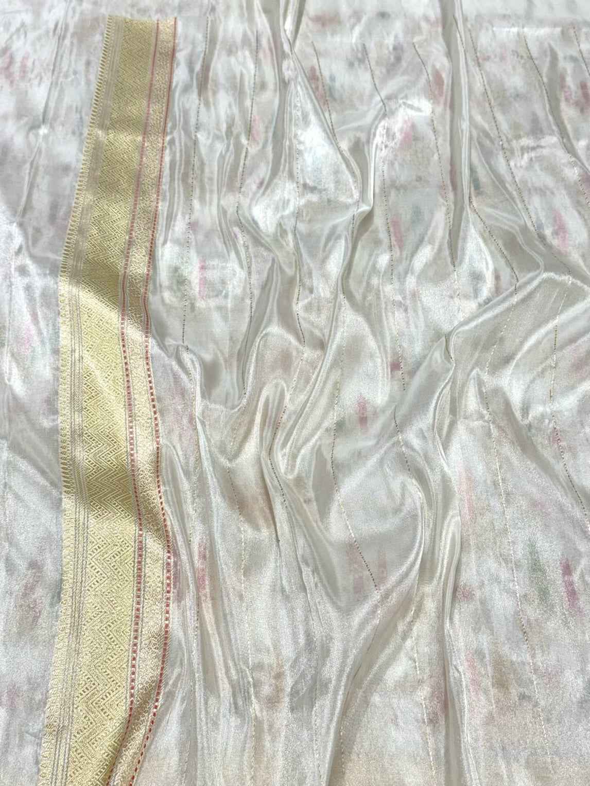 Pearl White Pure Katan Tissue Silk Saree | Kadhwa Technique | Handwoven Vintage Banarasi Saree - 100% Pure Silk Tissue Saree