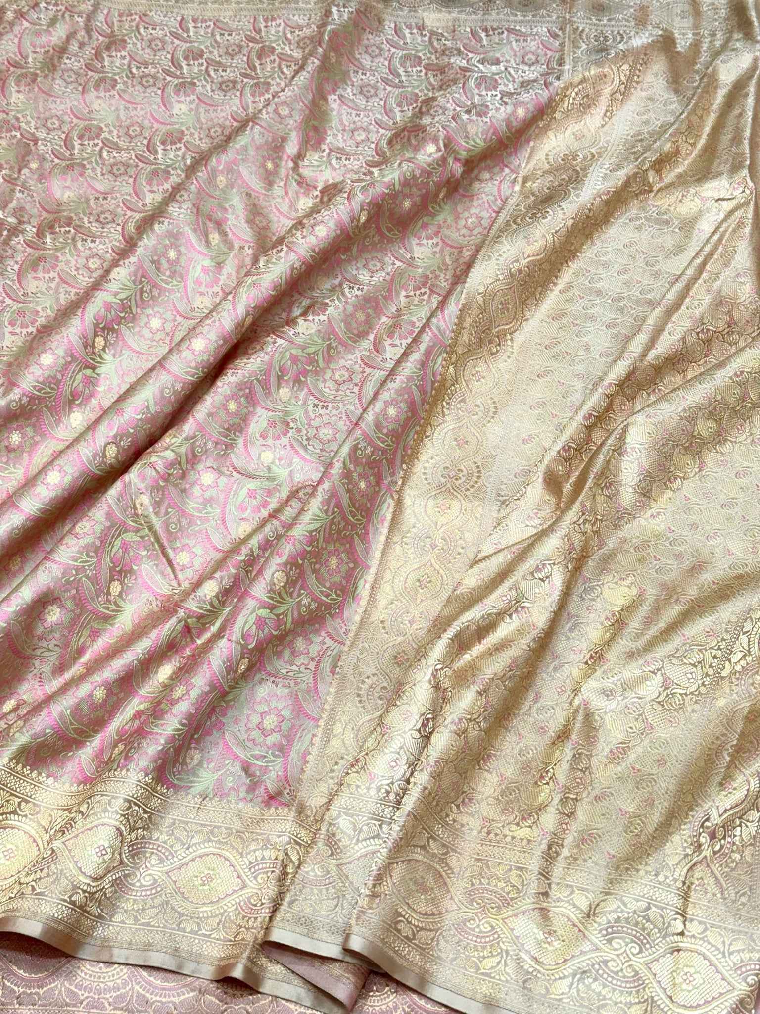 Beige Pure Satin Silk Handwoven Soft Drape Banarasi Saree