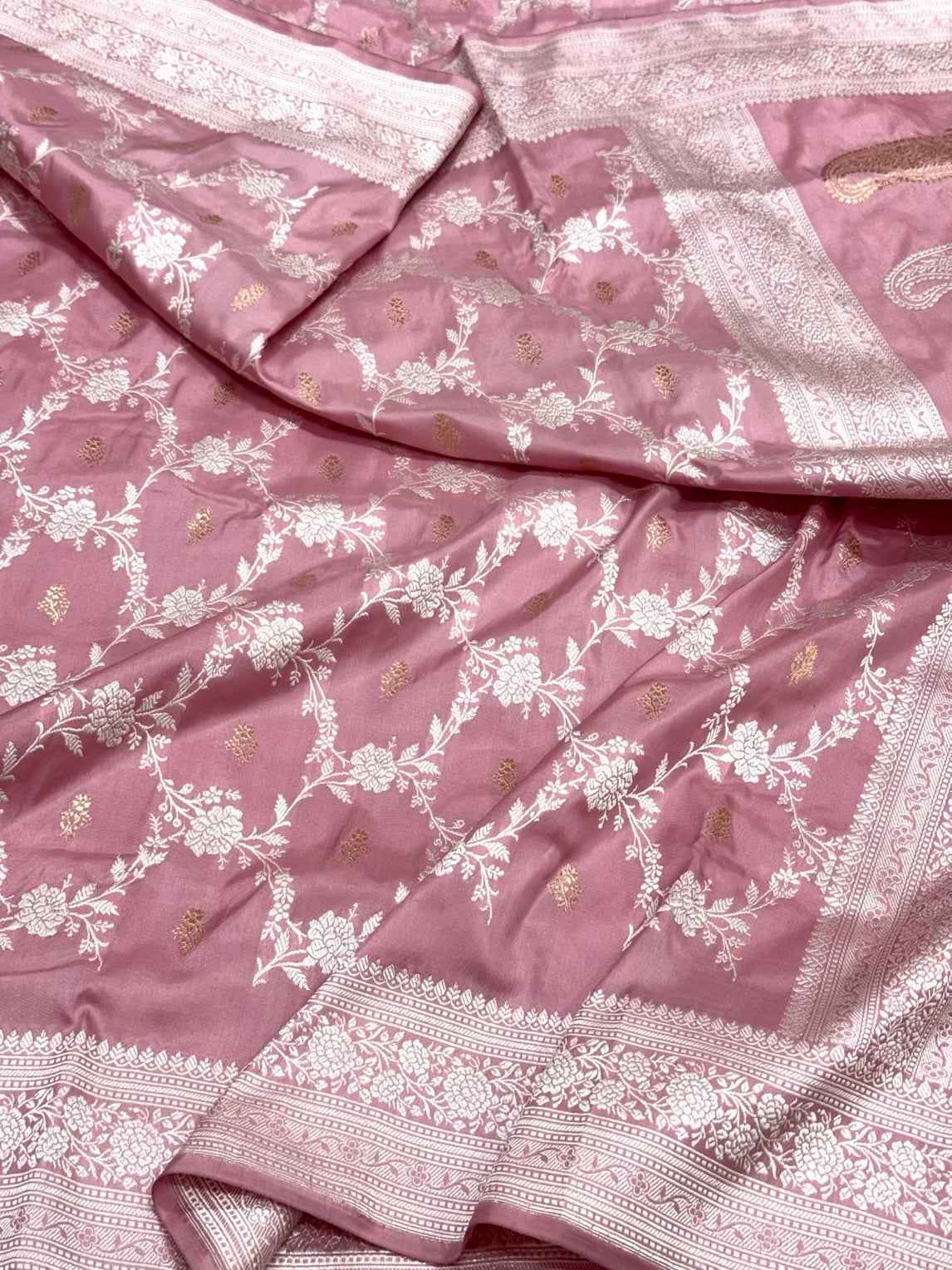 Pastel Pink Pure Silk Saree-Handwoven Pure Katan Mulberry Silk Banarasi Saree | Kadhwa Technique | Banarasi Elegance
