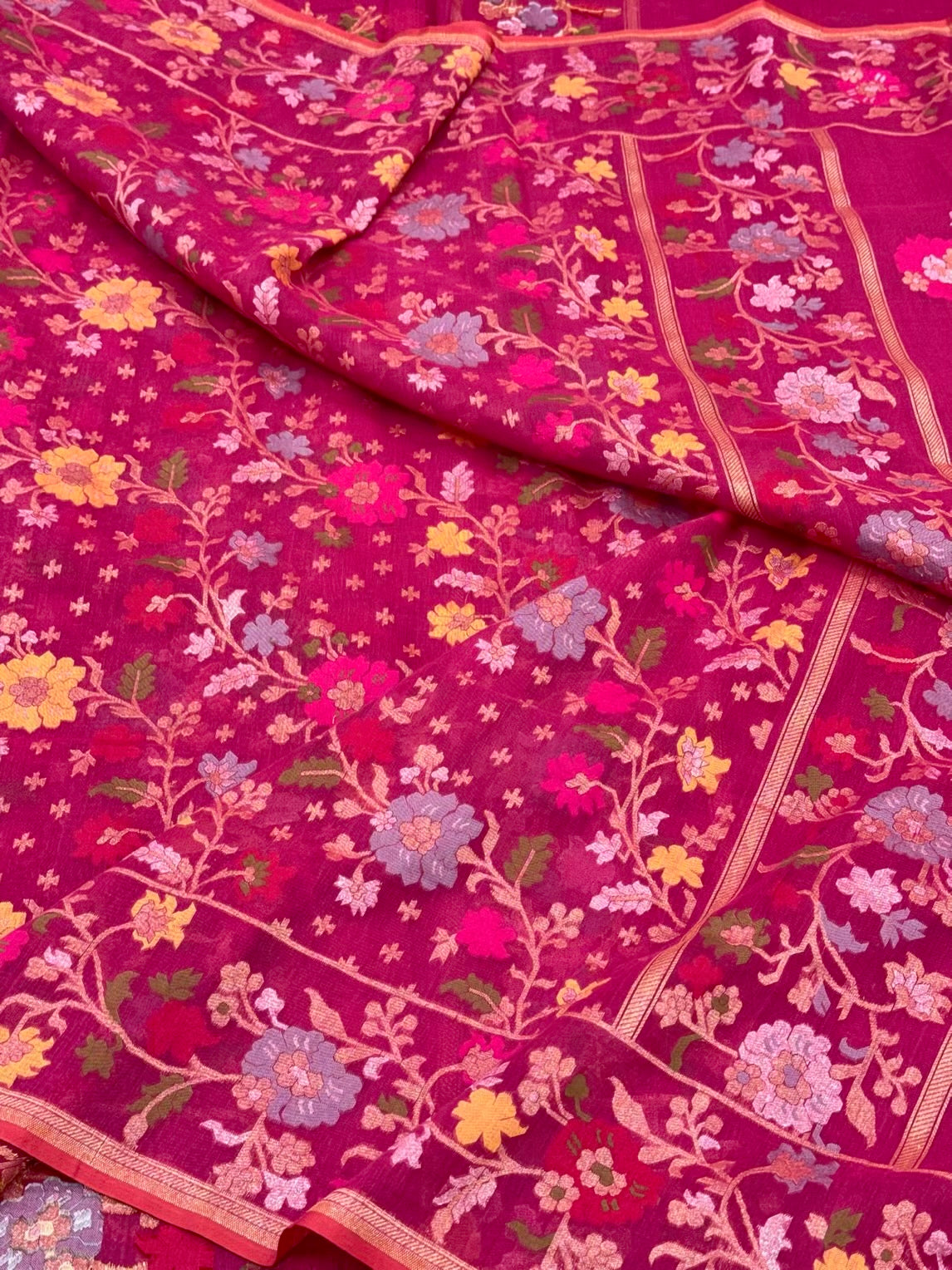 Pink Pure Muslin Cotton Jamdani Ektara Weave Handloom Banarasi Saree