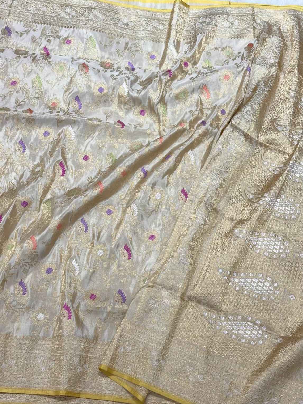 Ivory Pure Tissue Silk Saree - Pure Double Katan Silk | Kadhwa Technique | Handwoven Banarasi Silk Saree