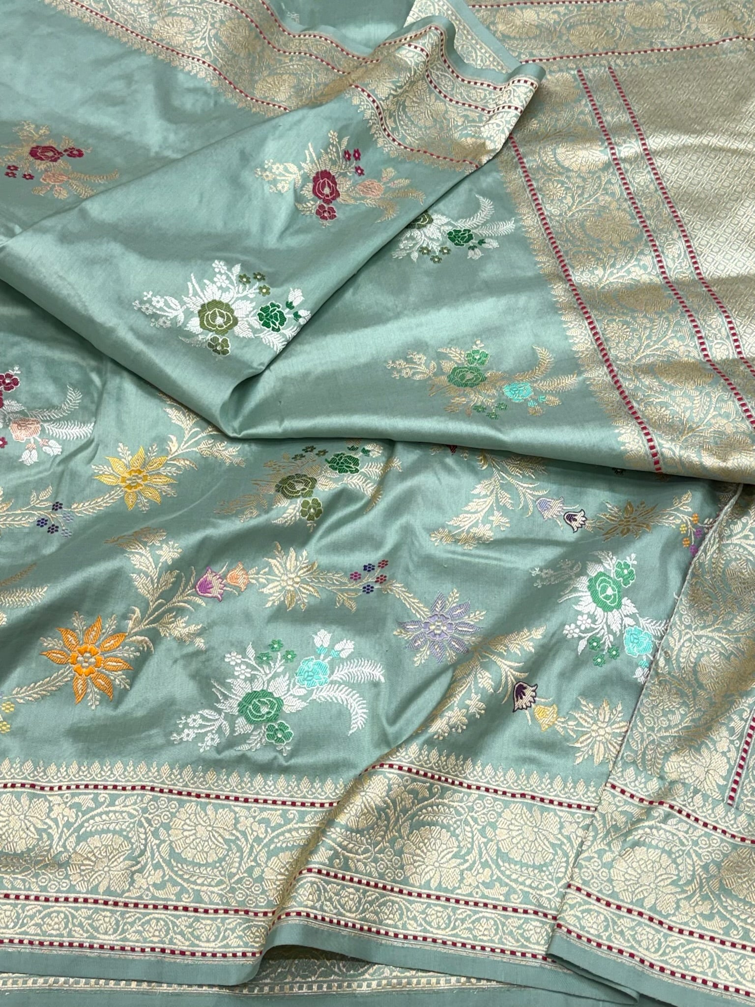 Dusty Sea Green Pure Double Katan Mulberry Silk | Kadhwa Technique | Handwoven Modern Authentic Banarasi Saree
