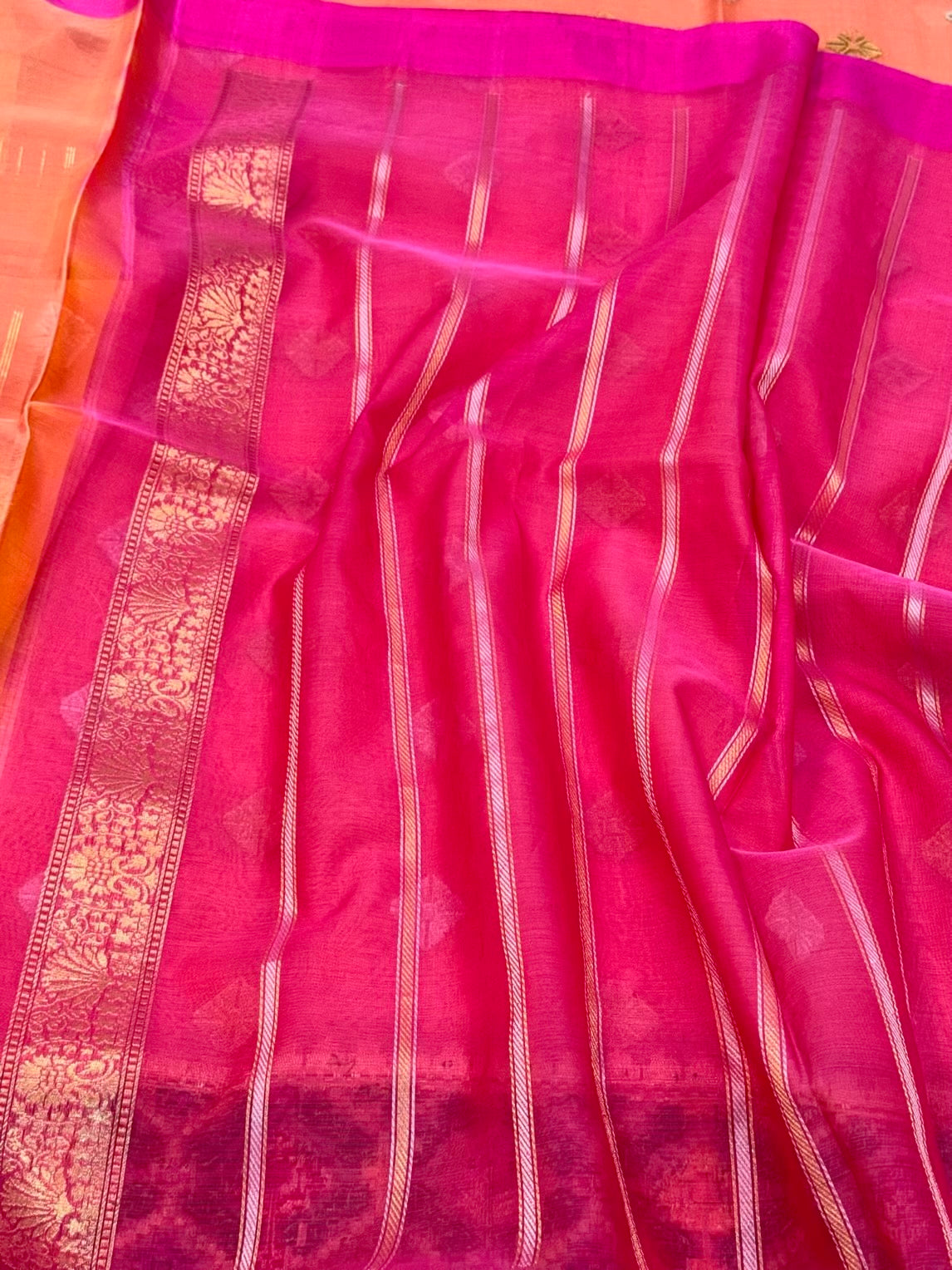 Peach Orange Pure Kora Silk Handwoven Banarasi Saree - Pure Mulberry Silk Patola Touch Saree