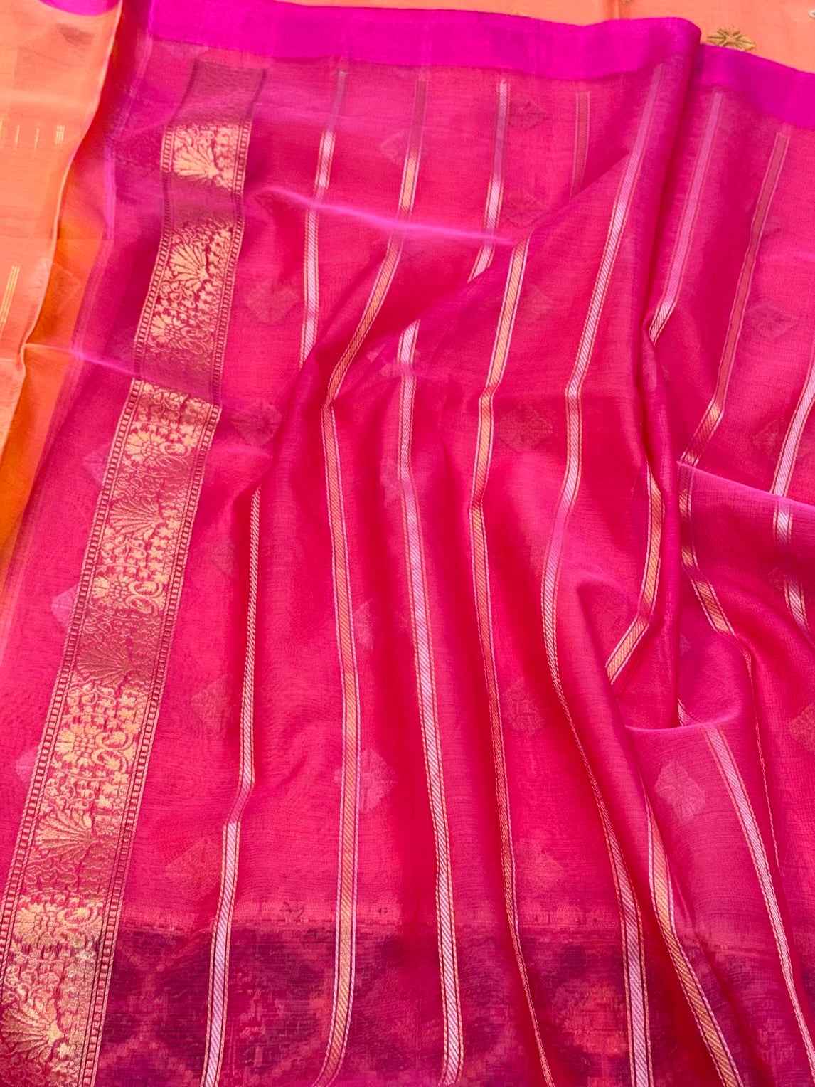 Peach Orange Pure Kora Silk Handwoven Banarasi Saree - Pure Mulberry Silk Patola Touch Saree