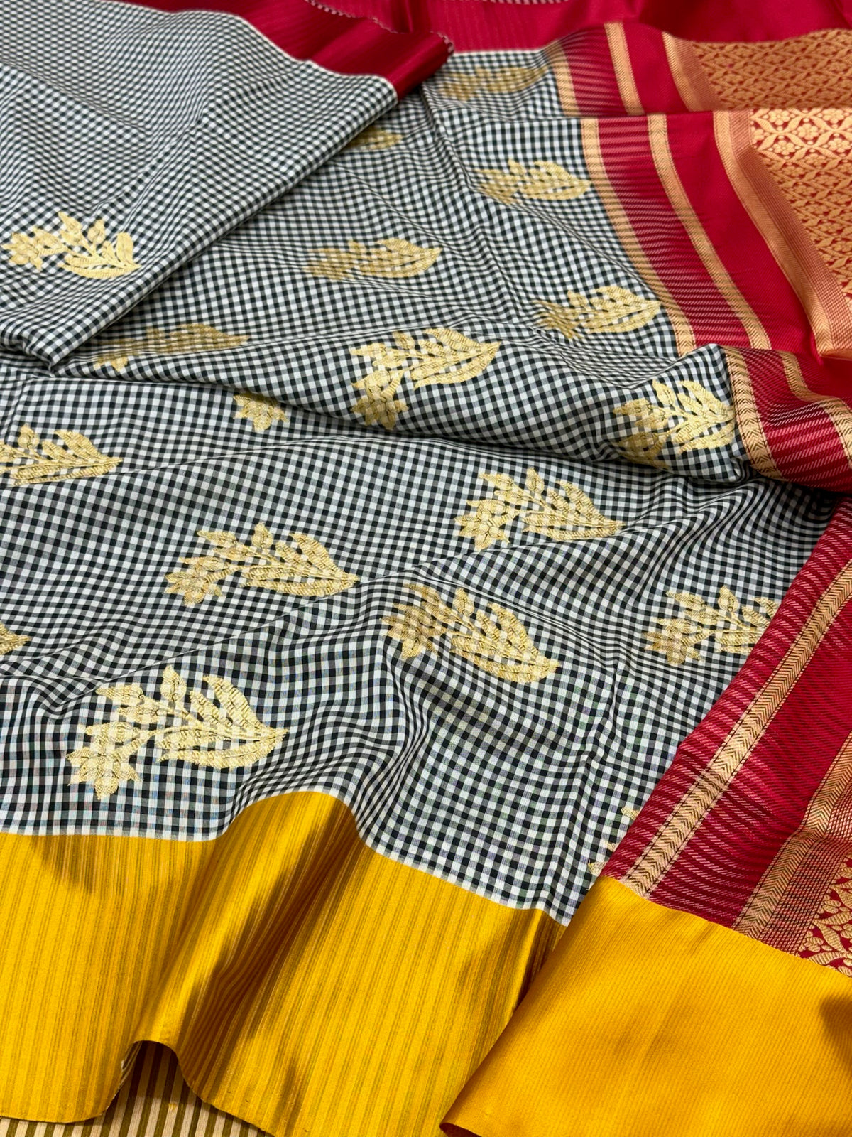 Black Pure Katan Mulberry Silk Handwoven Banarasi Saree | Kadhwa Weave Modern Contemporary Checks Saree