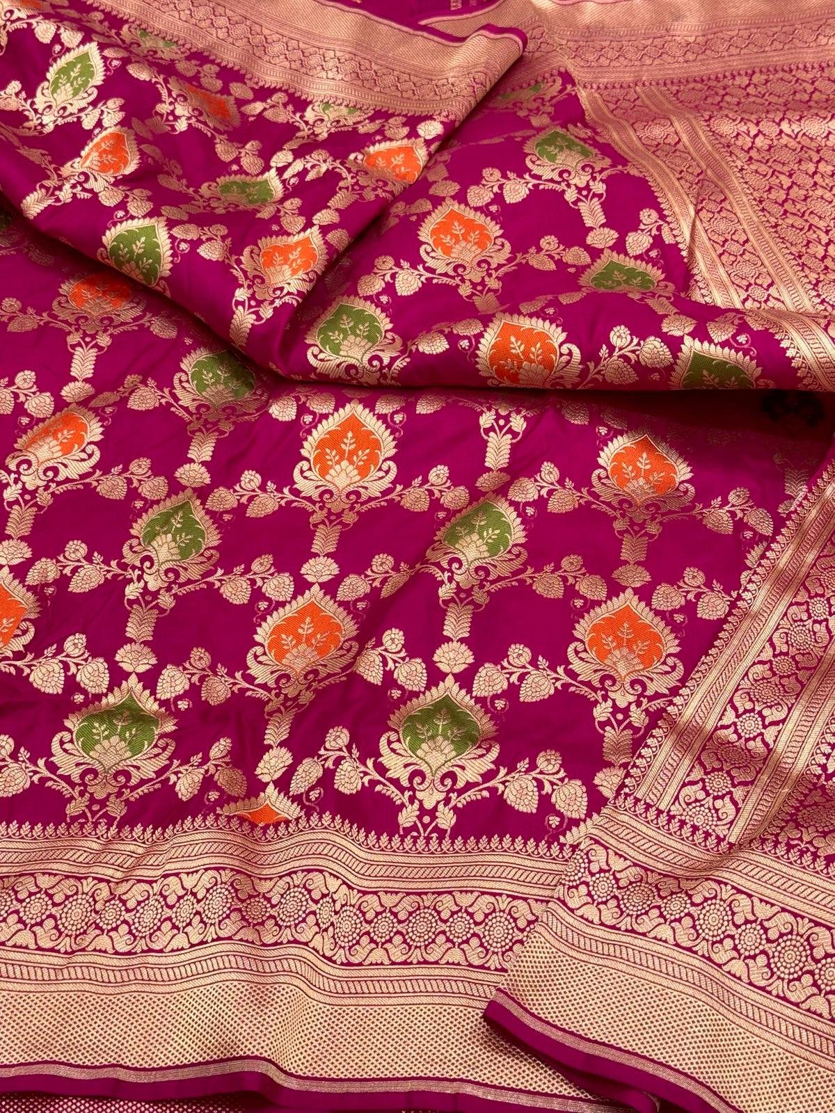 Rani Pink Pure Katan Mulberry Silk Handloom Banarasi Meenakari Saree - Modern Jaal