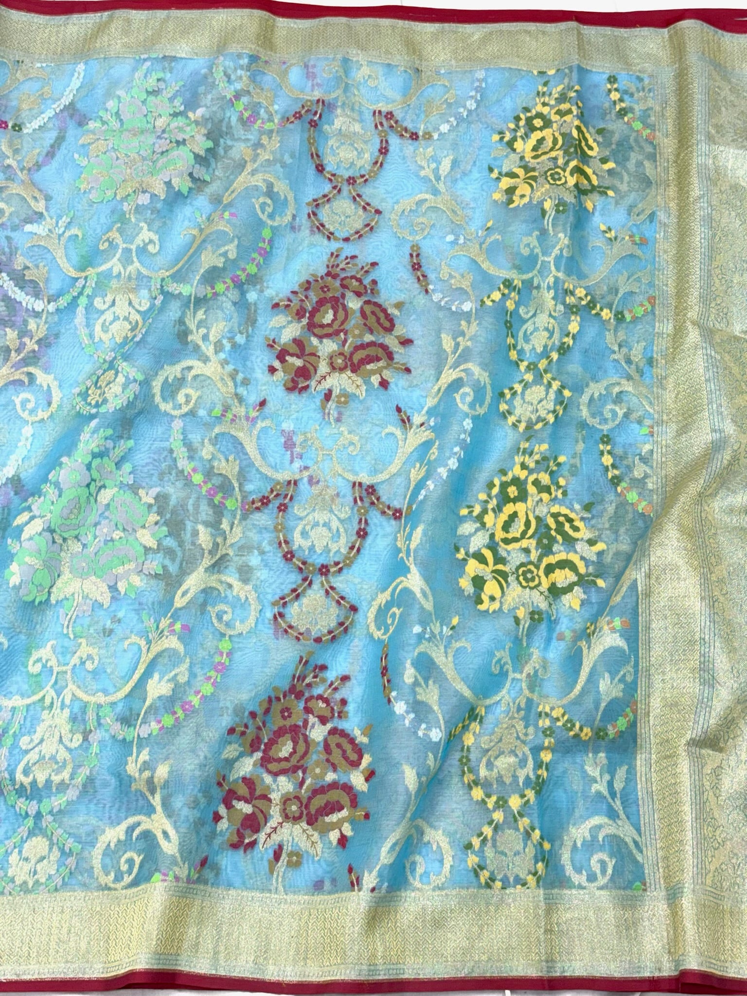 Sky Blue Pure Mulberry Kora Jamdani Handloom Modern Banarasi Lightweight Saree - Ektara Weave