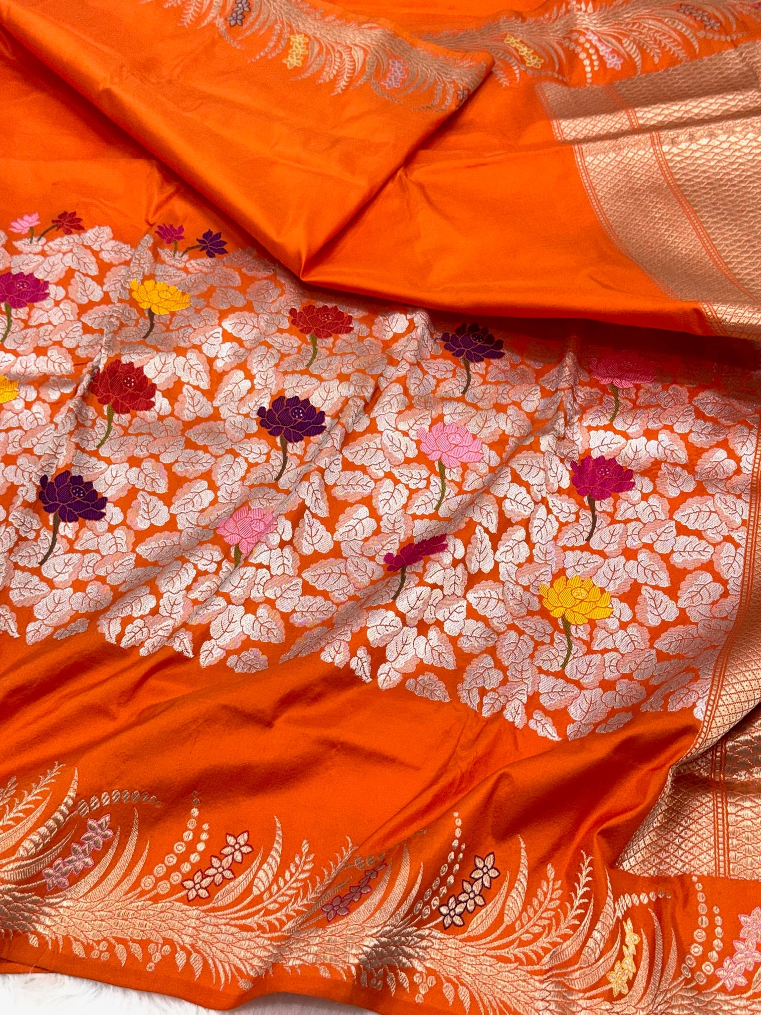 Orange Pure Mulberry Katan Silk Handwoven Banarasi Saree
